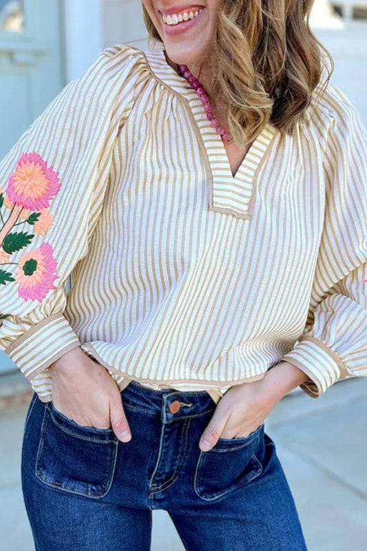 Khaki Stripe V Neck Floral Embroidered Long Sleeve Blouse-Tops/Blouses & Shirts-[Adult]-[Female]-2022 Online Blue Zone Planet