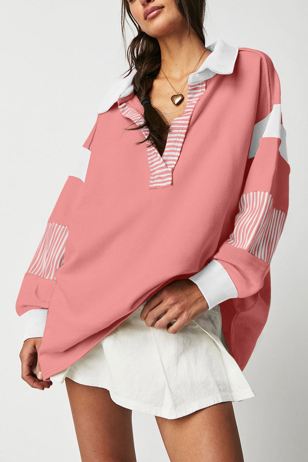 Dark Blue Striped Colorblock Patchwork Collar Sweatshirt-Tops/Sweatshirts & Hoodies-[Adult]-[Female]-Pale Chestnut-S-2022 Online Blue Zone Planet