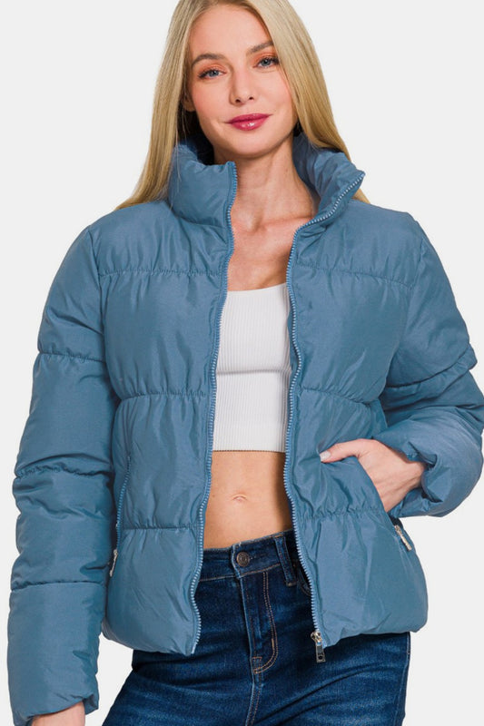 Blue Zone Planet | Zenana Zip Up Turtleneck Puffer Jacket with Pockets-TOPS / DRESSES-[Adult]-[Female]-Dusty Blue-S-2022 Online Blue Zone Planet