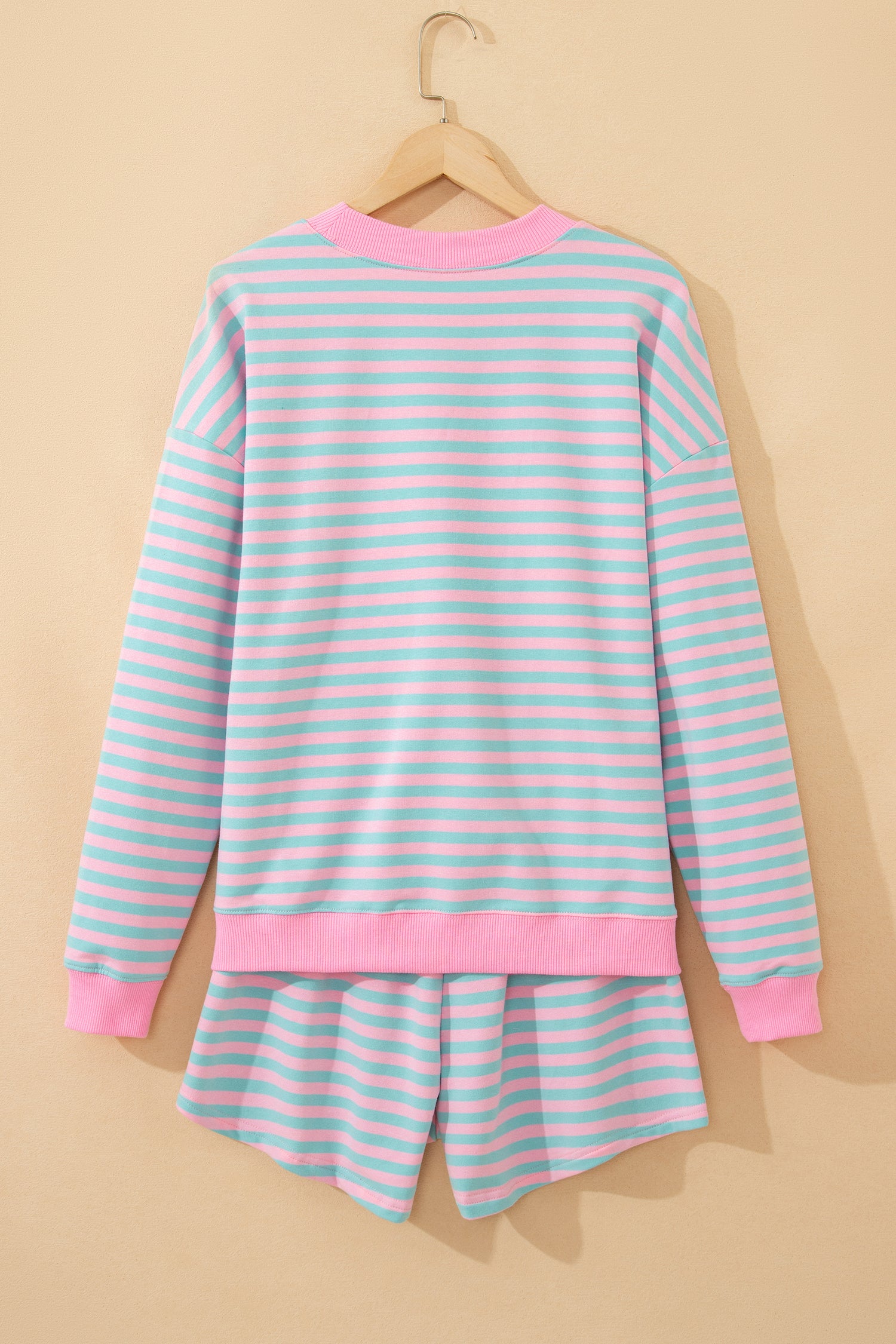 Pink Stripe Color Block Detail Long Sleeve Pullover Elastic Waist Pull On Shorts 2pcs Set-Two Piece Sets/Short Sets-[Adult]-[Female]-2022 Online Blue Zone Planet