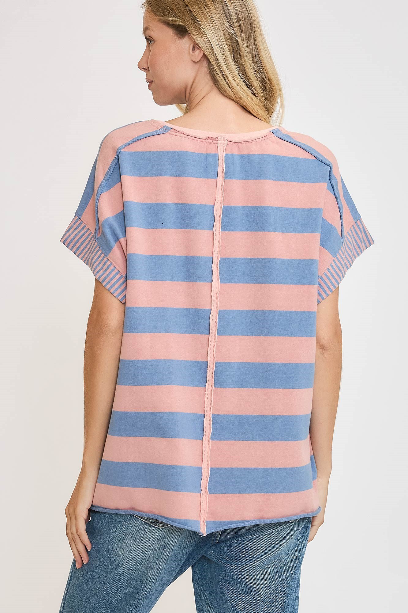 Umgee Peace Sign Patch Striped French Terry T-Shirt-TOPS / DRESSES-[Adult]-[Female]-2022 Online Blue Zone Planet