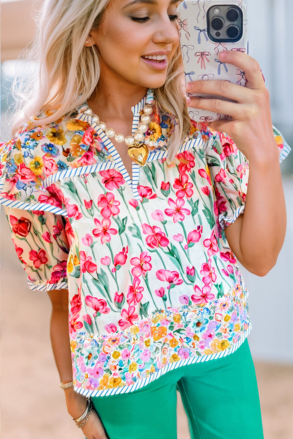 Pink Floral Print Striped Detail Split Neck Short Sleeve Blouse-Tops/Blouses & Shirts-[Adult]-[Female]-2022 Online Blue Zone Planet
