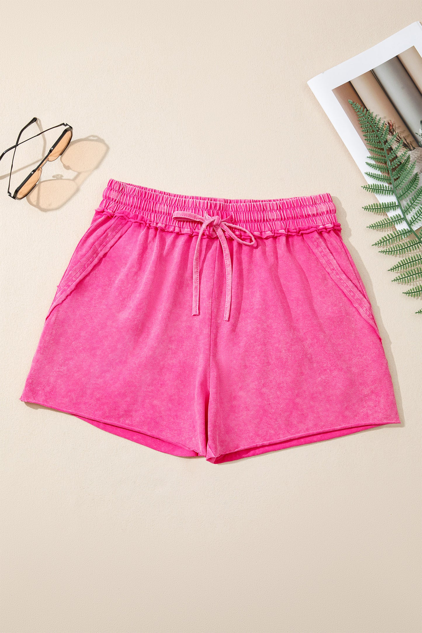 Rose Red Mineral Washed Drawstring Elastic Waist Raw Cut Shorts-Bottoms/Casual Shorts-[Adult]-[Female]-2022 Online Blue Zone Planet
