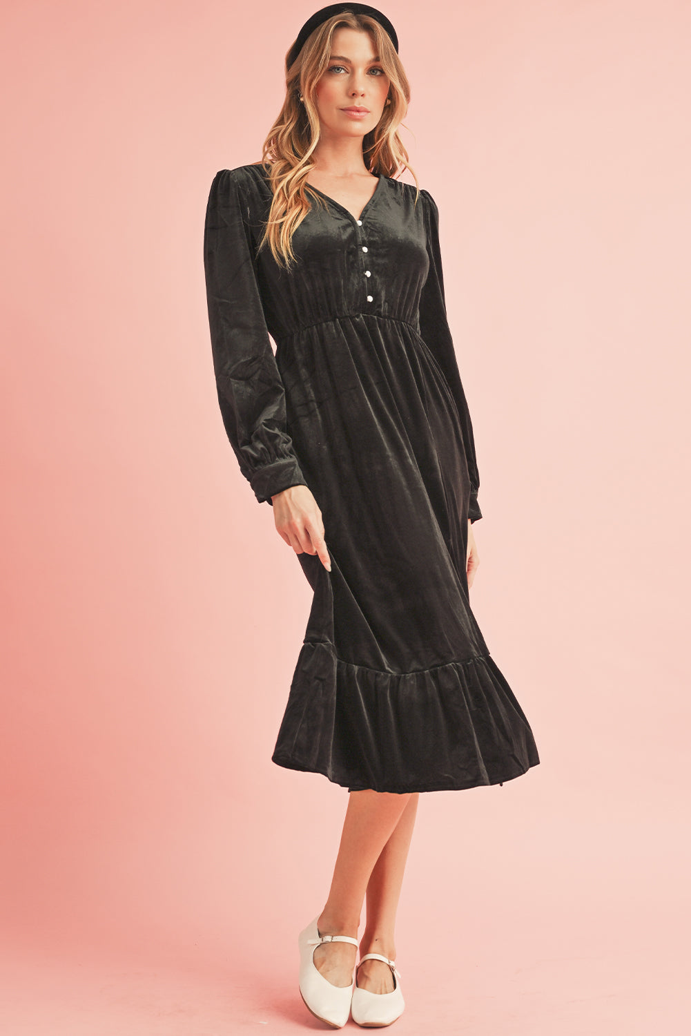 Blue Zone Planet | Black Velvet Buttoned Puff Sleeve V Neck Split Midi Dress-TOPS / DRESSES-[Adult]-[Female]-2022 Online Blue Zone Planet