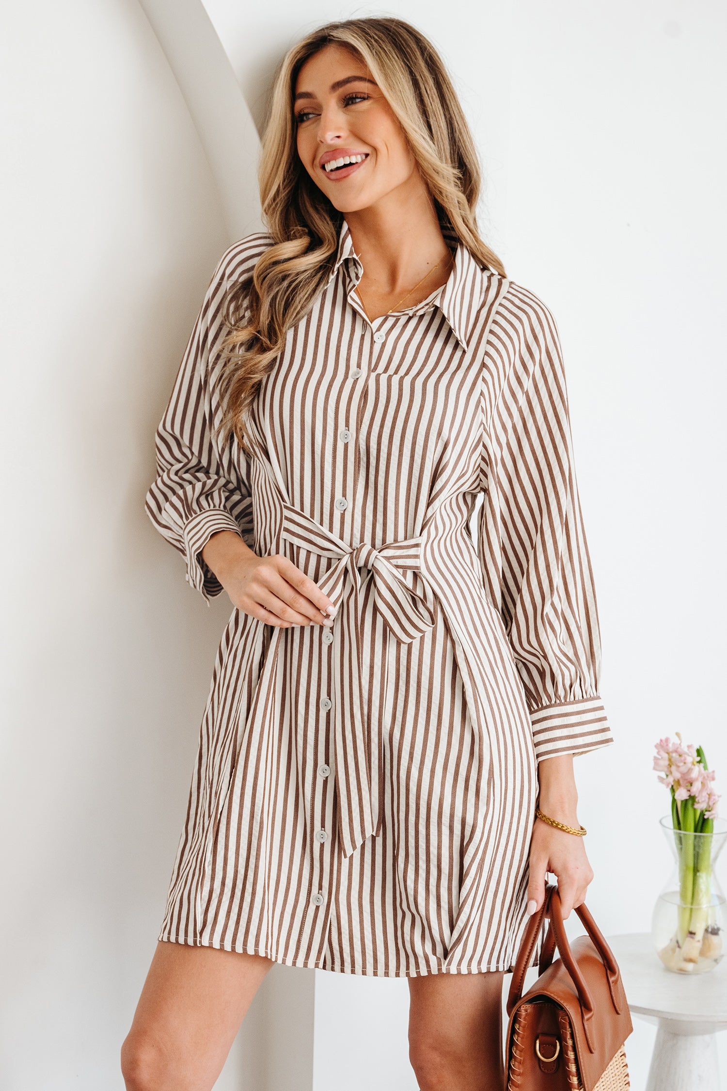 Brown Stripe Knot Waist Puff Sleeve Button Down Mini Shirt Dress-TOPS / DRESSES-[Adult]-[Female]-2022 Online Blue Zone Planet