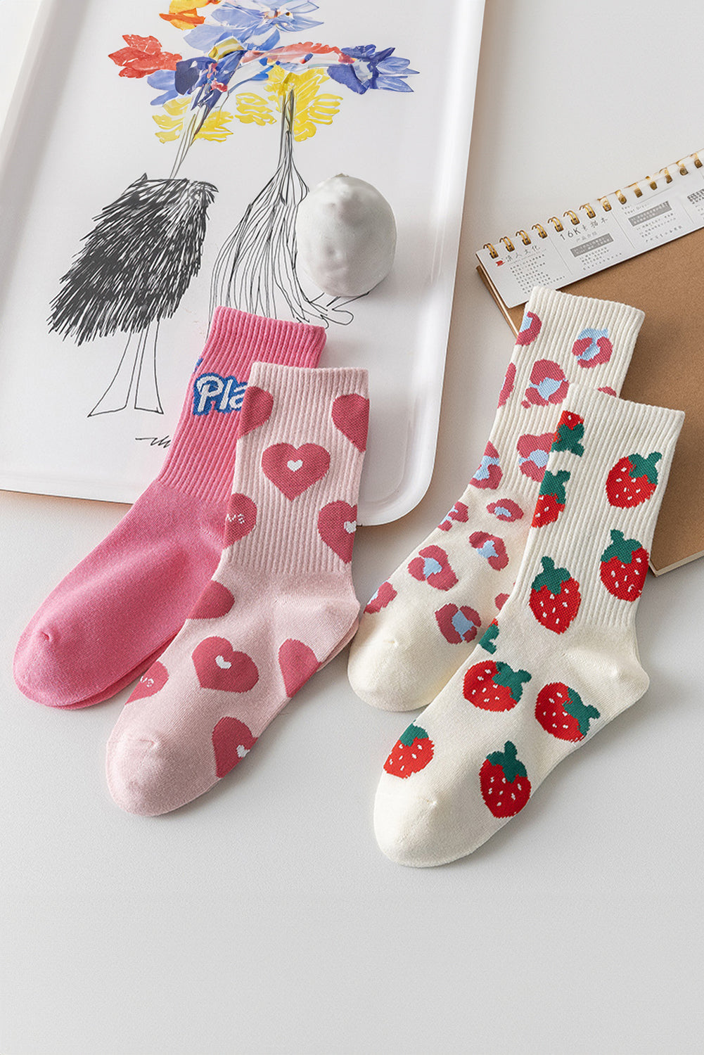 Light Pink Heart Print Ribbed Trim Soft Crew Socks-Socks-[Adult]-[Female]-2022 Online Blue Zone Planet