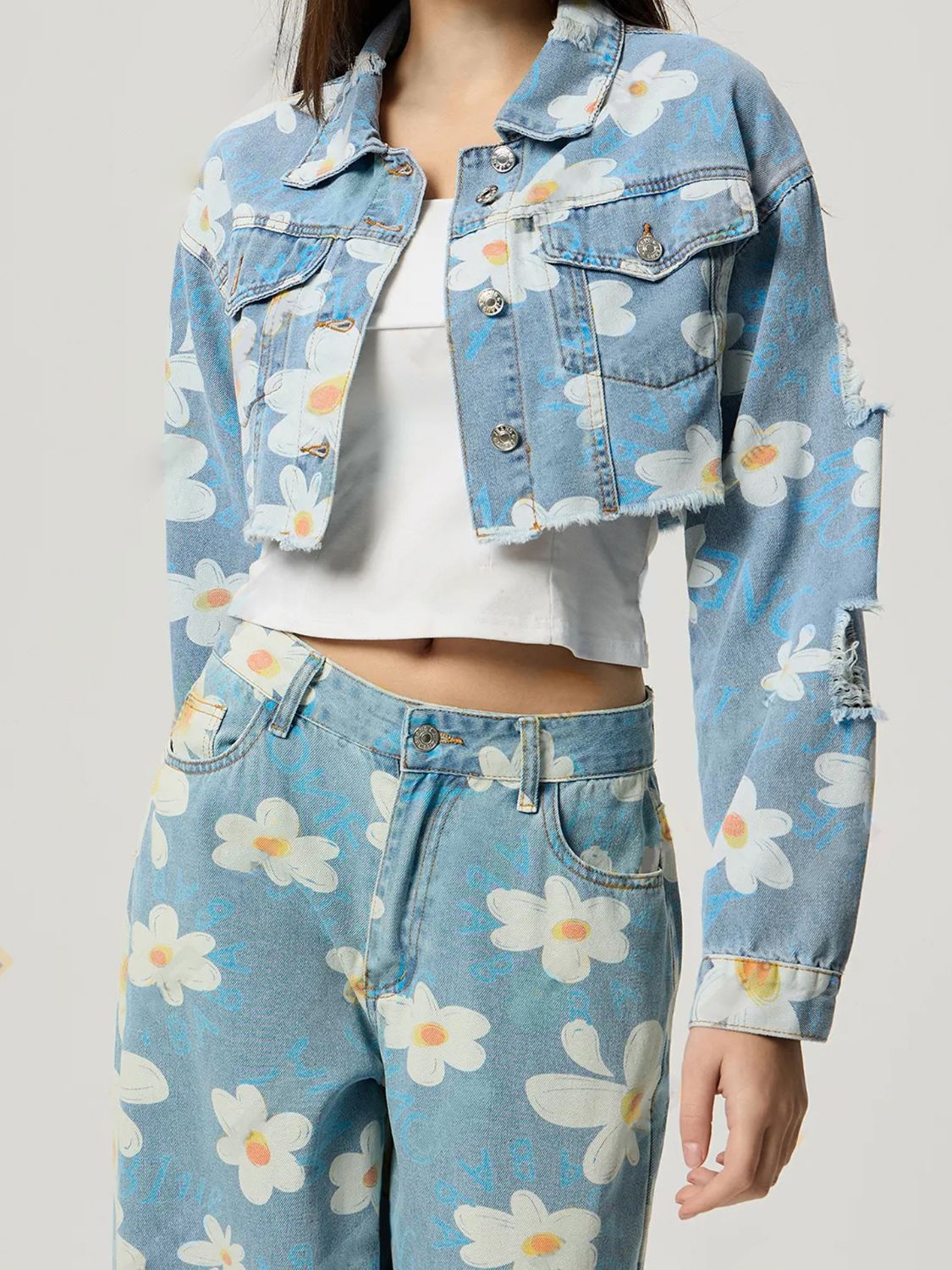 Blue Zone Planet | Distressed Raw Hem Floral Collared Neck Denim Top-TOPS / DRESSES-[Adult]-[Female]-Light-XS-2022 Online Blue Zone Planet