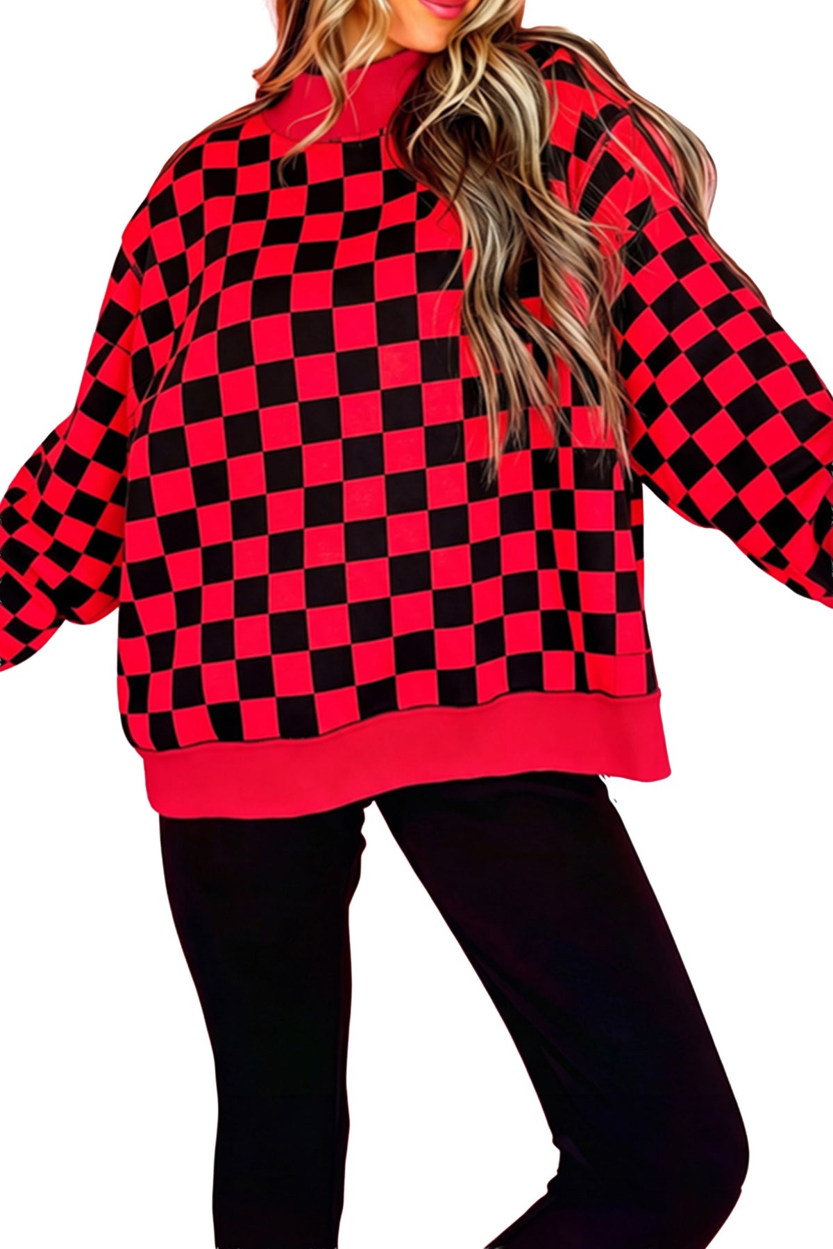 Red Checkered Print High Neck Baggy Sweatshirt