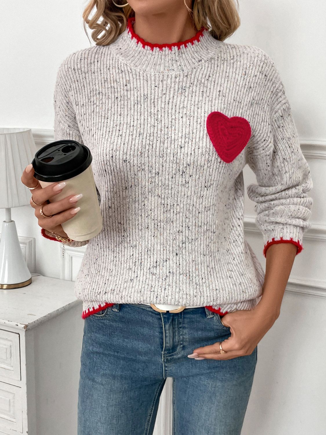 Perfee Contrast Heart Round Neck Long Sleeve Sweater-TOPS / DRESSES-[Adult]-[Female]-2022 Online Blue Zone Planet