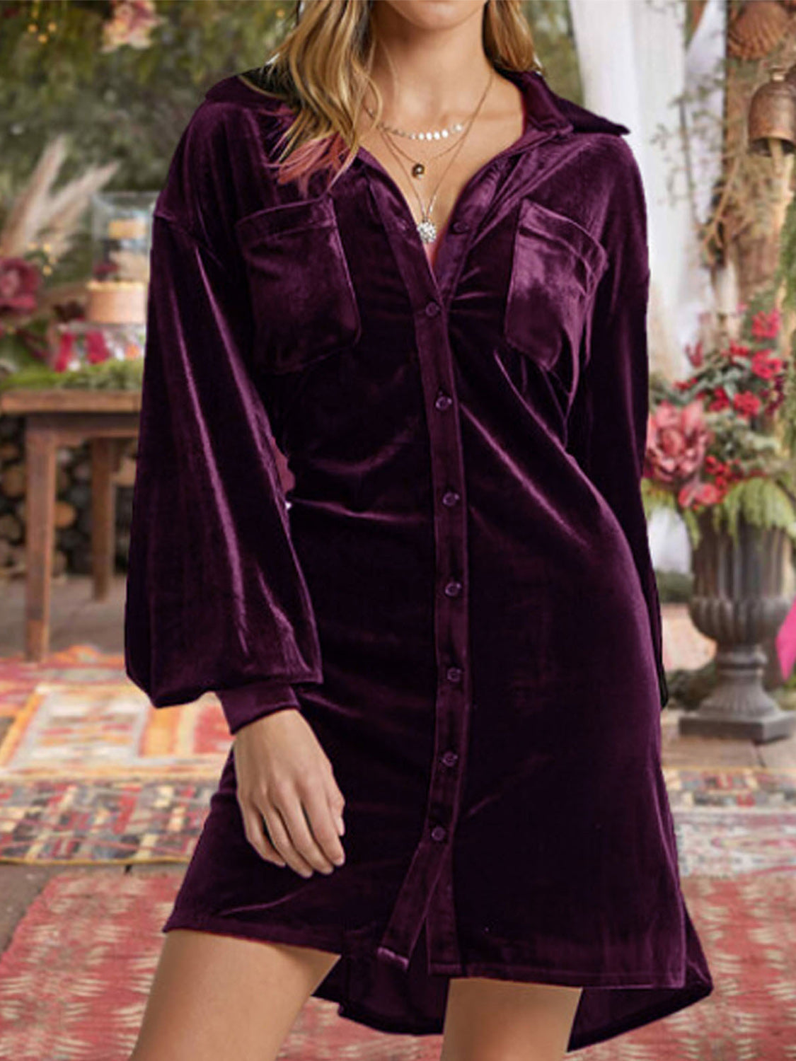 Collared Neck Button Down Long Sleeve Mini Dress-TOPS / DRESSES-[Adult]-[Female]-Plum Purple-S-2022 Online Blue Zone Planet