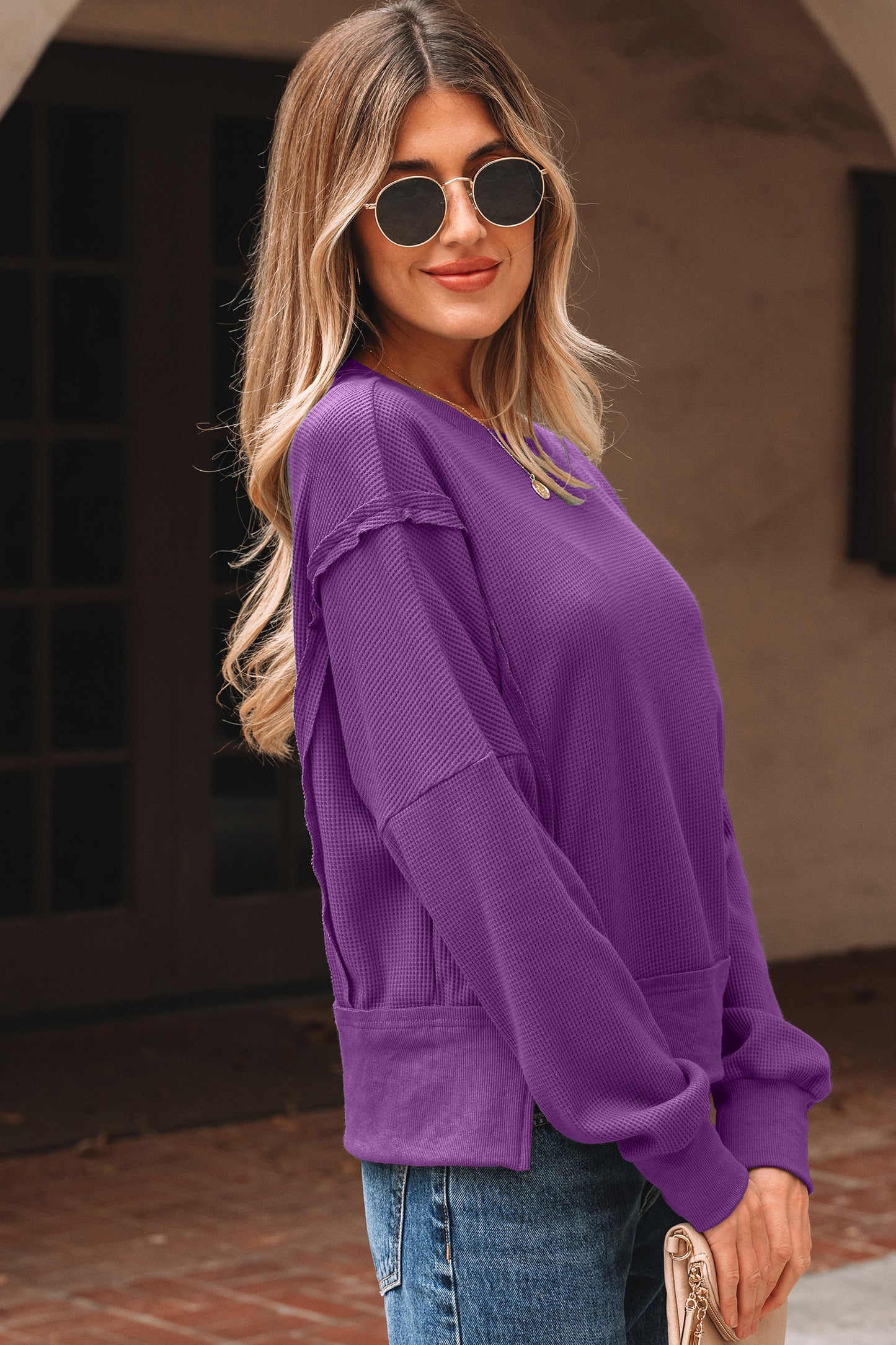 Orchid Mist Solid Color Raw Seam Patchwork Ribbed Drop Shoulder Sweatshirt-Tops/Sweatshirts & Hoodies-[Adult]-[Female]-2022 Online Blue Zone Planet