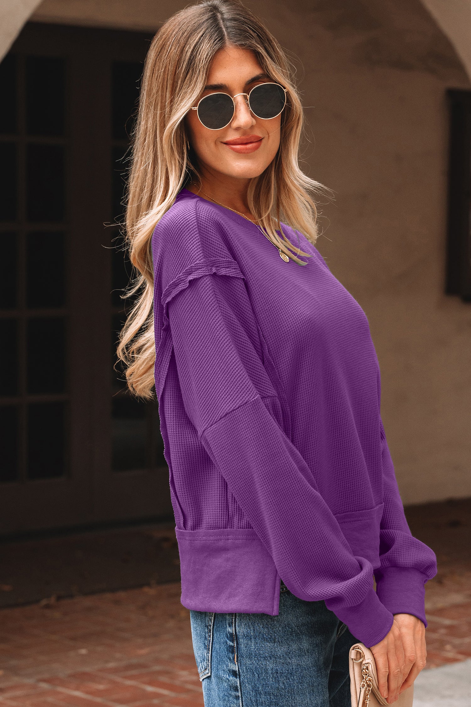 Orchid Mist Solid Color Raw Seam Patchwork Ribbed Drop Shoulder Sweatshirt-Tops/Sweatshirts & Hoodies-[Adult]-[Female]-2022 Online Blue Zone Planet