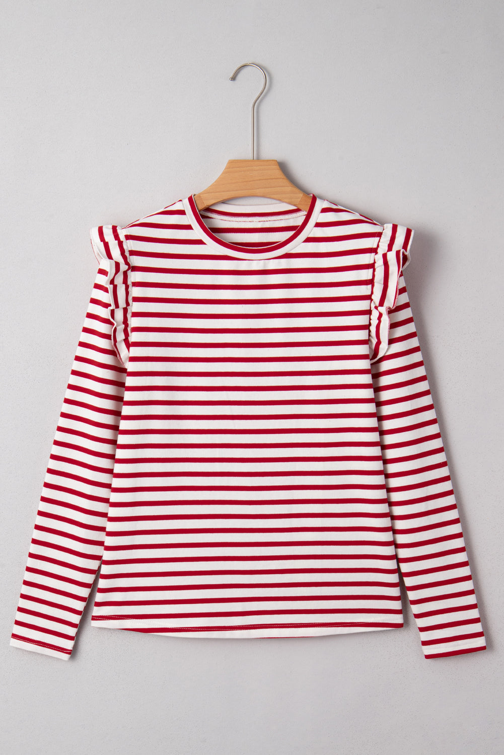 Red Stripe Round Neck Ruffle Trim Long Sleeve Top-Tops/Long Sleeve Tops-[Adult]-[Female]-2022 Online Blue Zone Planet