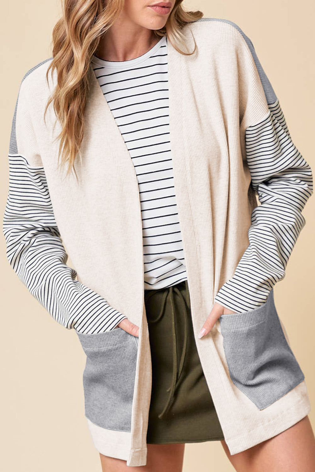 Blue Zone Planet | Black Stripe Colorblock Patchwork Open Front Cardigan with Pocket-Sweaters & Cardigans/Cardigans-[Adult]-[Female]-Black Stripe-S-2022 Online Blue Zone Planet