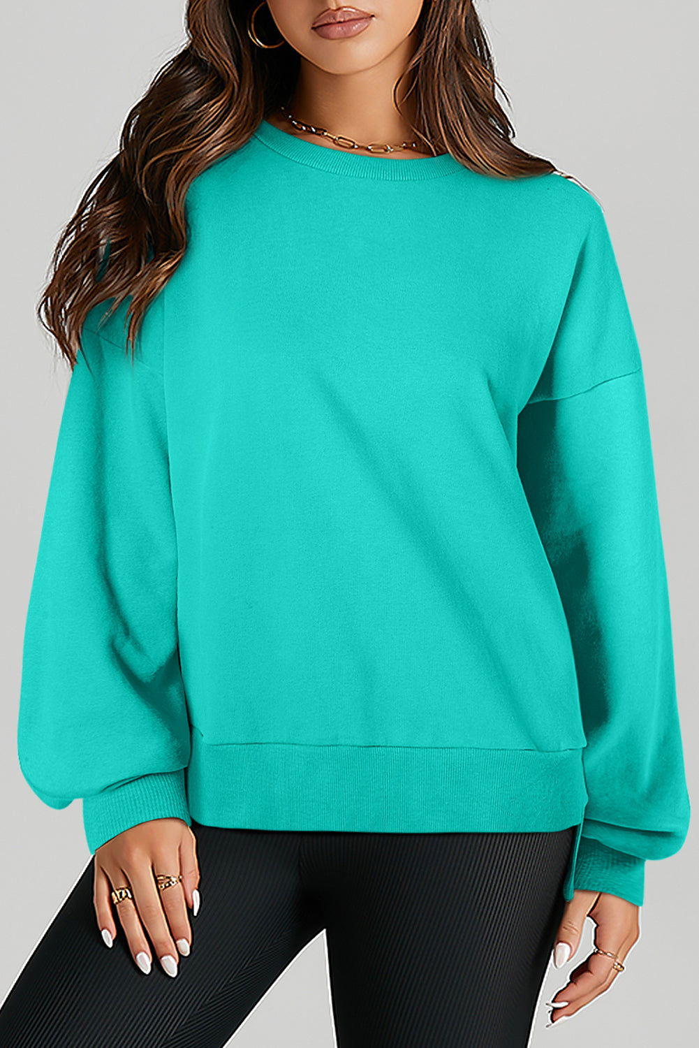 Parchment Solid O Neck High Low Hem Pullover Sweatshirt-Tops/Sweatshirts & Hoodies-[Adult]-[Female]-Aruba Blue-S-2022 Online Blue Zone Planet