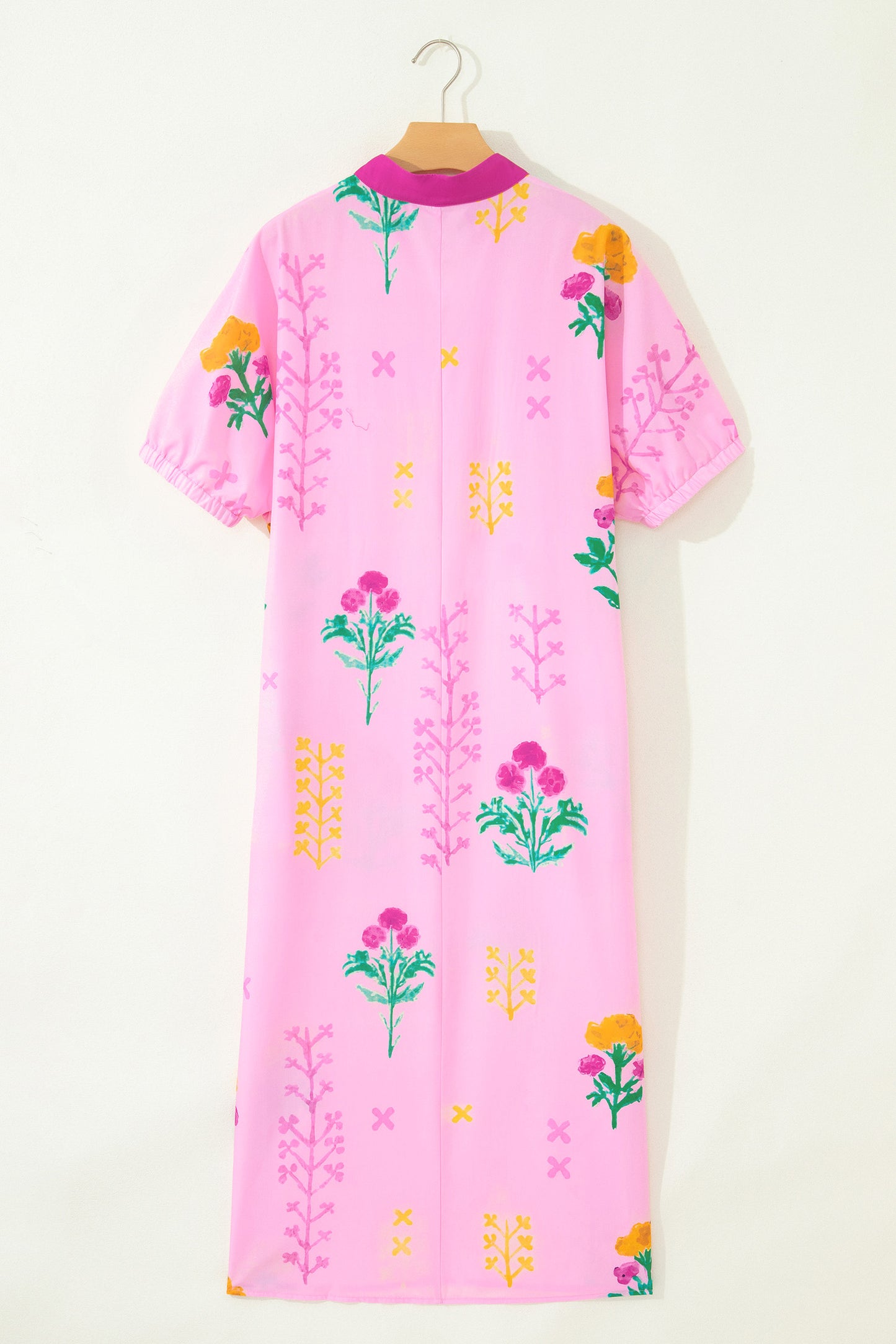 Pink Floral Print Short Sleeve Colorblcok Trim V Neck Midi Dress-Dresses/Floral Dresses-[Adult]-[Female]-2022 Online Blue Zone Planet