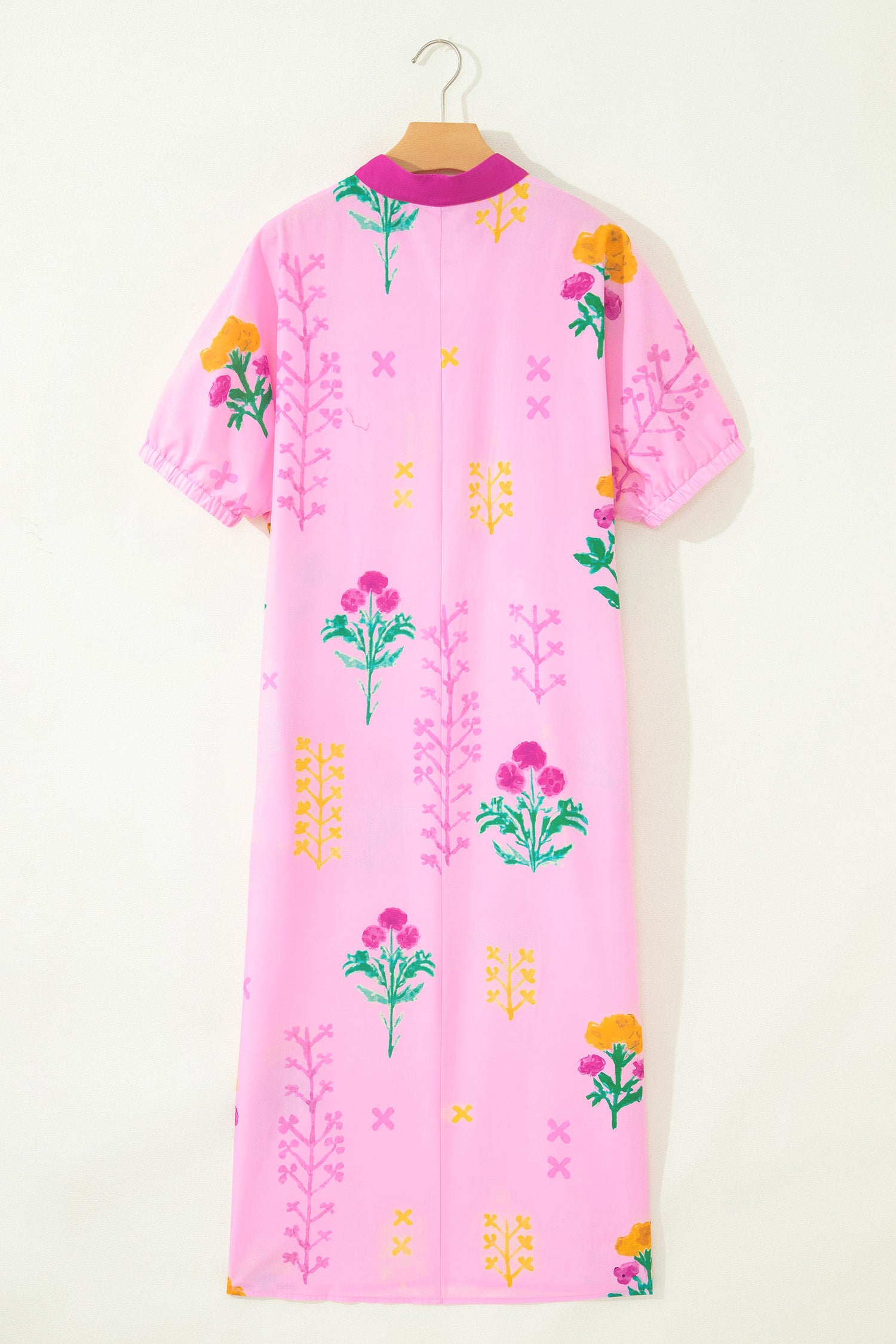 Pink Floral Print Short Sleeve Colorblcok Trim V Neck Midi Dress-Dresses/Floral Dresses-[Adult]-[Female]-2022 Online Blue Zone Planet