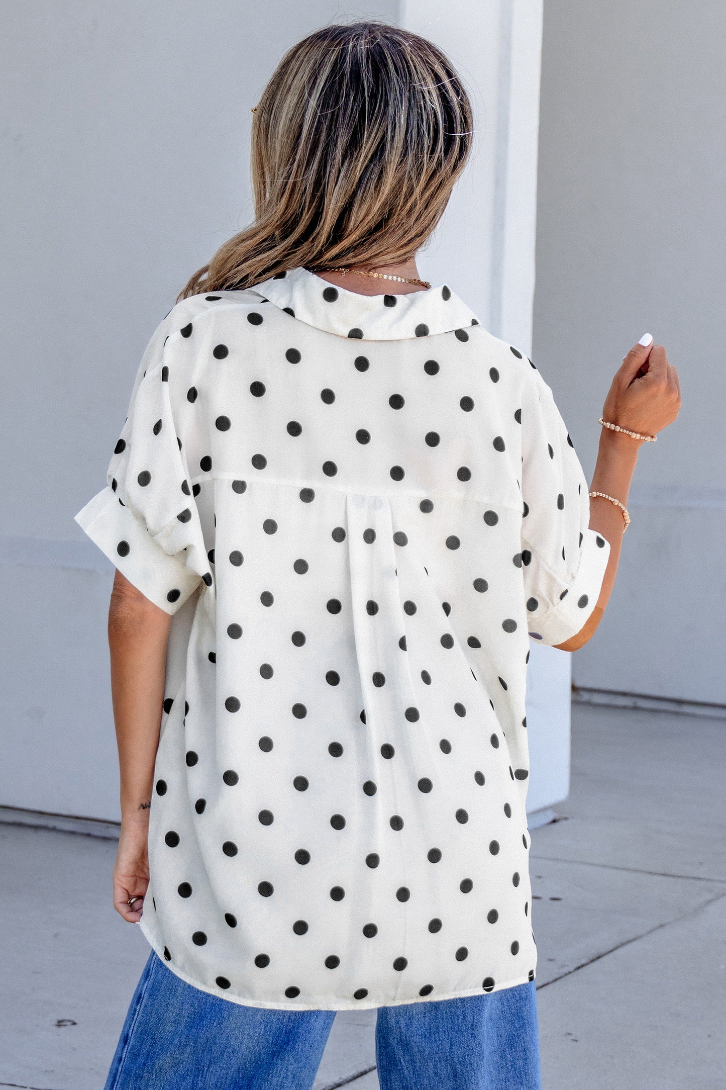 Beige Polka Dot Print Loose Dolman Shirt-Tops/Blouses & Shirts-[Adult]-[Female]-2022 Online Blue Zone Planet