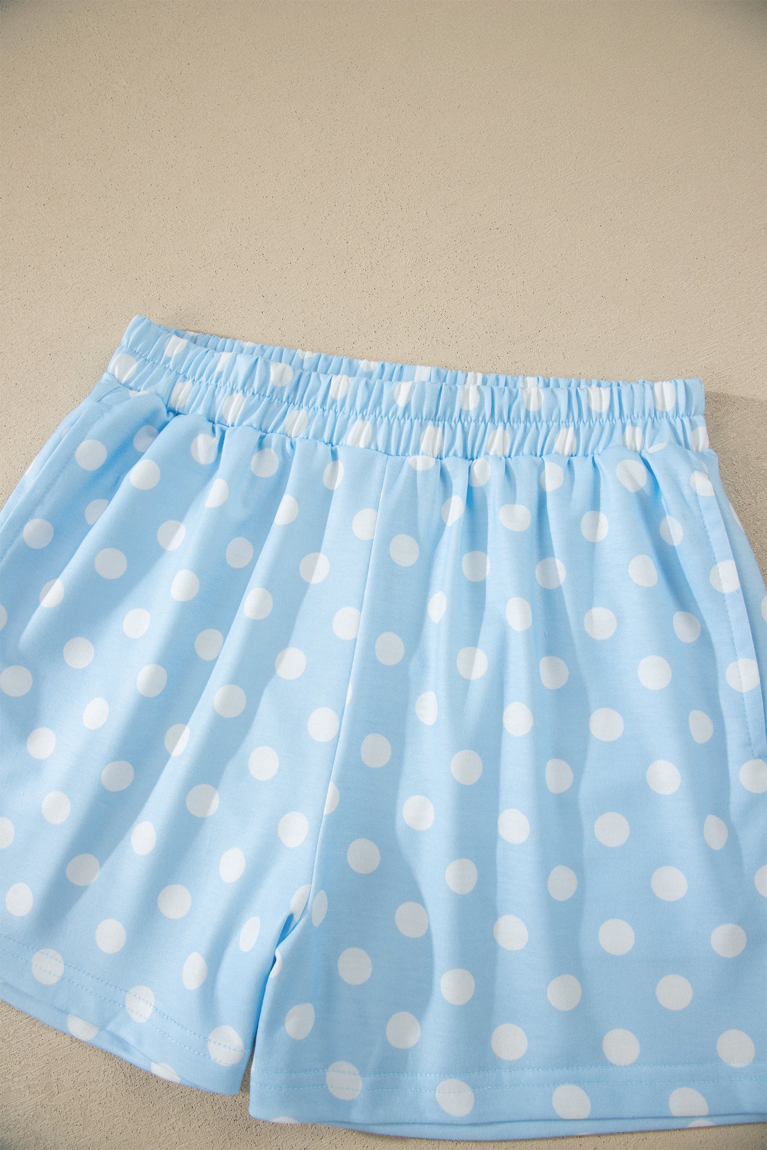 Sky Blue Polka Dot Print Color Block Trim Mock Neck Short Set-Two Piece Sets/Short Sets-[Adult]-[Female]-2022 Online Blue Zone Planet