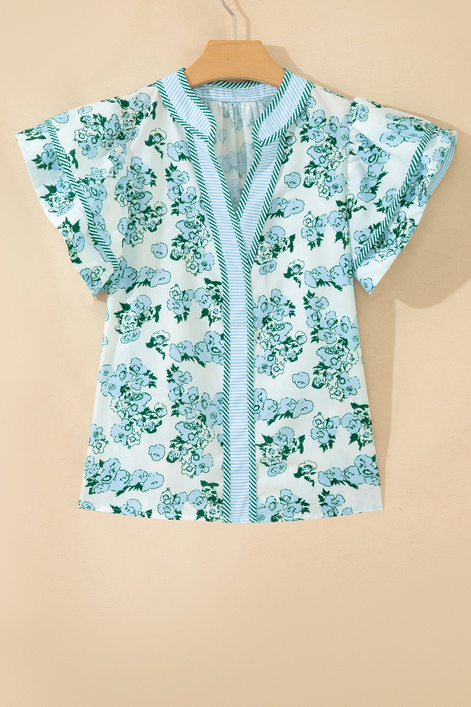 Green Floral Meets Stripes V Neck Flutter Sleeve Blouse-Tops/Blouses & Shirts-[Adult]-[Female]-2022 Online Blue Zone Planet