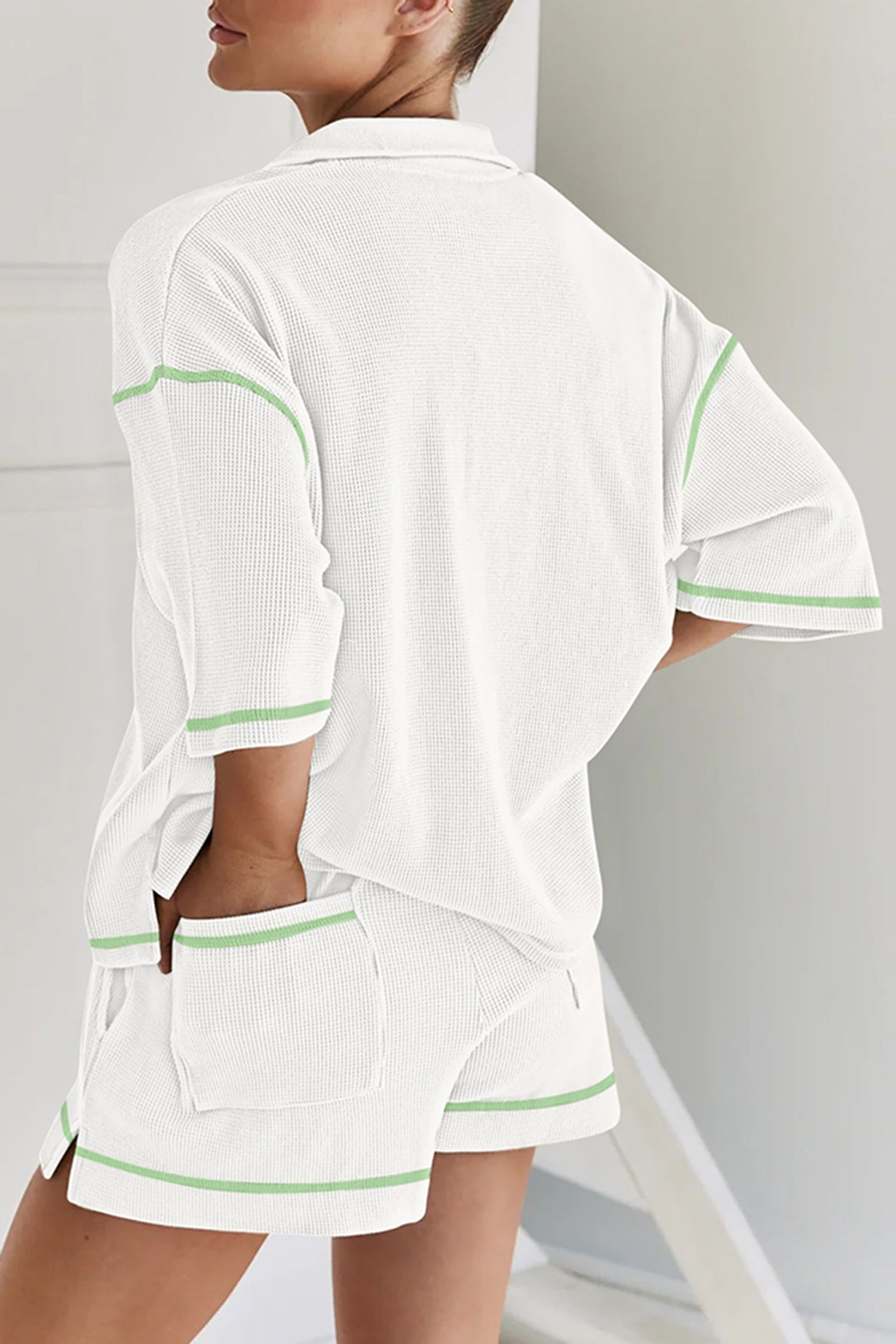 Pink Breathable Waffle Color Block Trim 2pcs Casual Short Set-Two Piece Sets/Short Sets-[Adult]-[Female]-2022 Online Blue Zone Planet