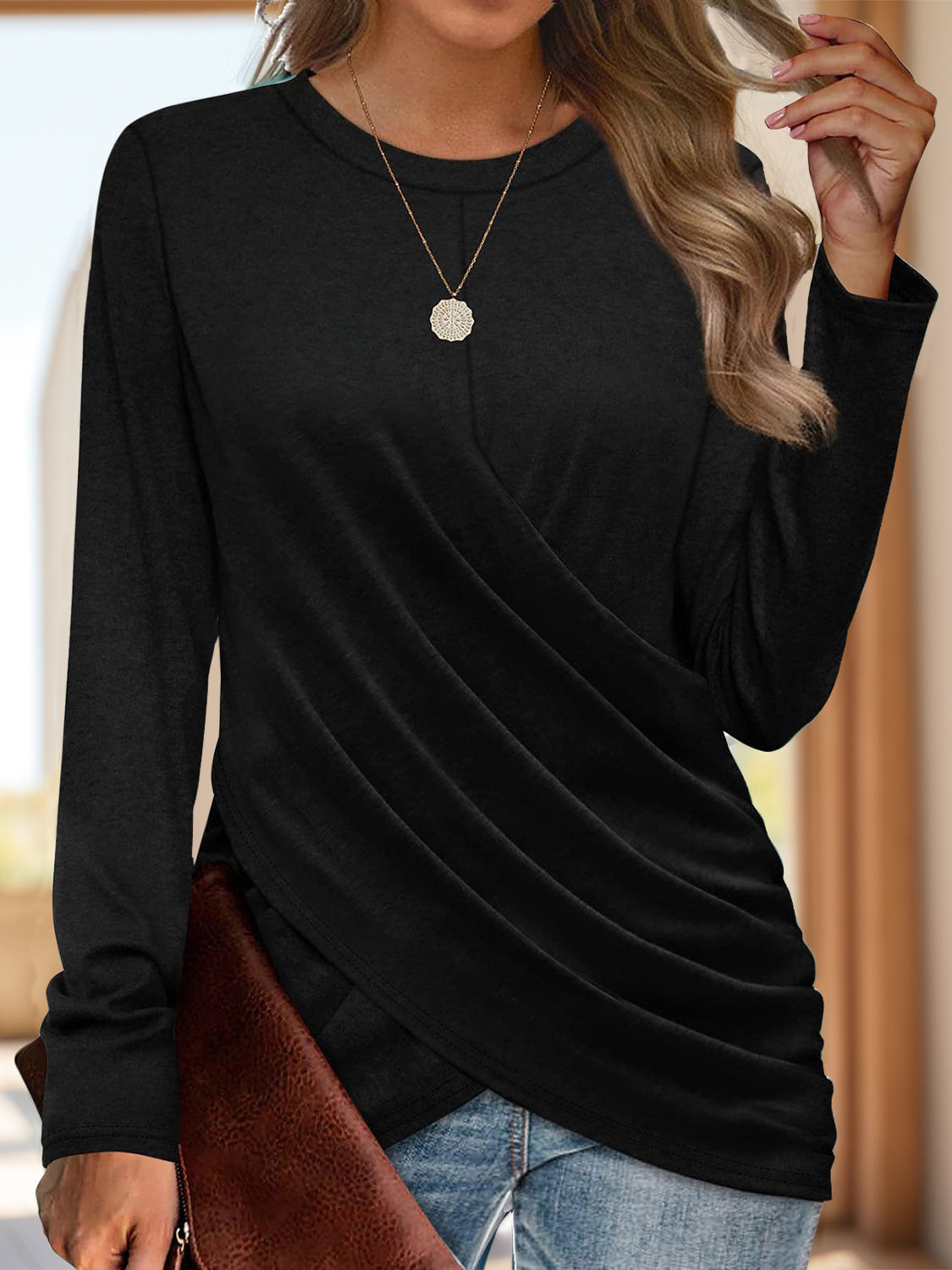 Ruched Round Neck Long Sleeve T-Shirt-TOPS / DRESSES-[Adult]-[Female]-Black-S-2022 Online Blue Zone Planet