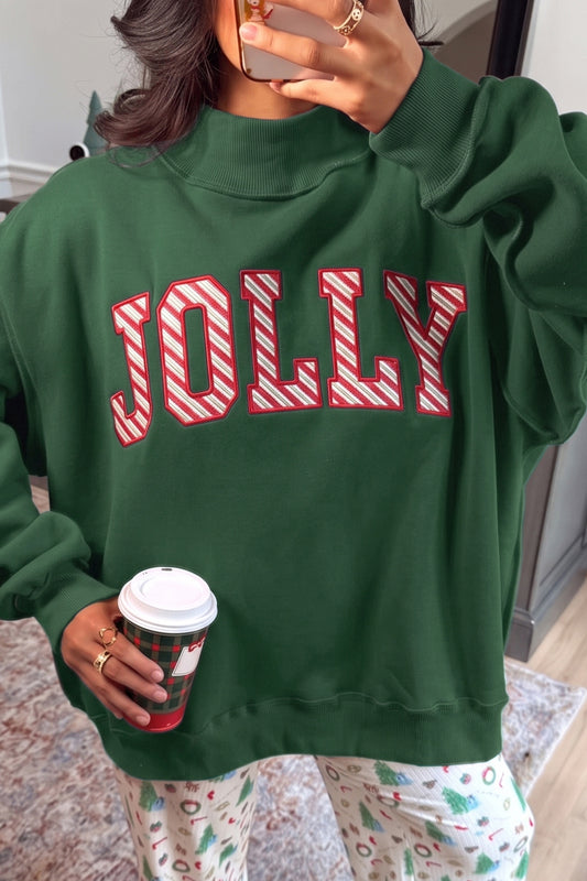 Blackish Green MERRY Embroidered Letter High Neck Tunic Pullover Sweatshirt-Tops/Sweatshirts & Hoodies-[Adult]-[Female]-Blackish Green-S-2022 Online Blue Zone Planet