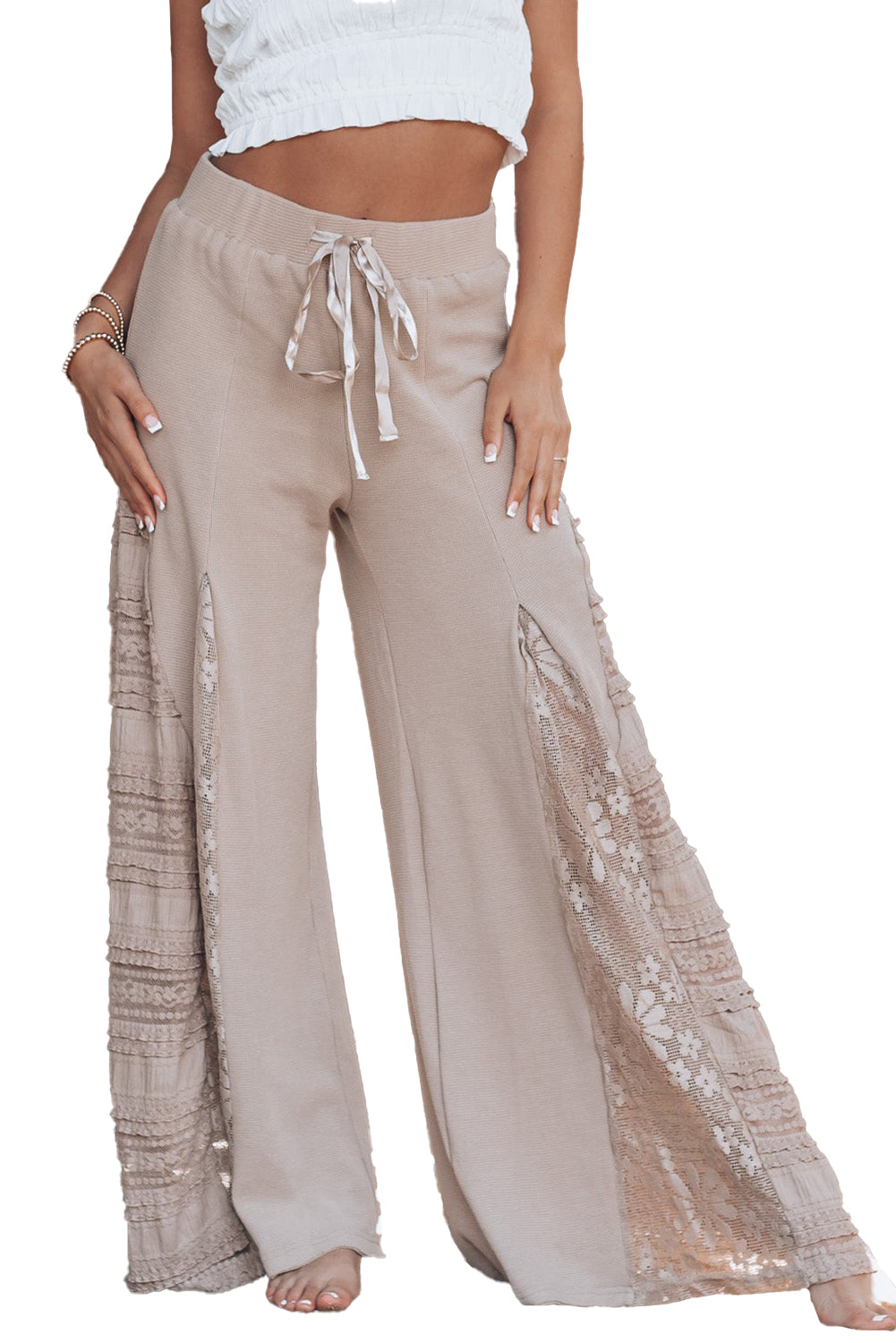 Smoke Gray Lace Patchwork Wide Leg High Waist Pants-Pants-[Adult]-[Female]-2022 Online Blue Zone Planet