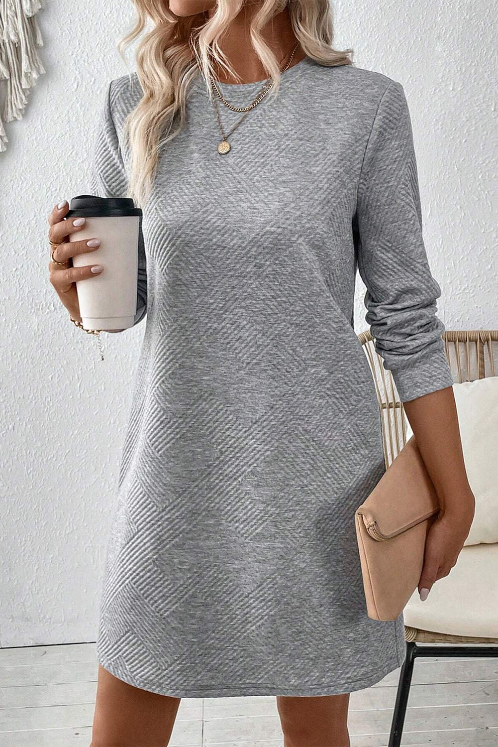 Blue Zone Planet | Gray Solid Color Textured Long Sleeve Shift Dress-TOPS / DRESSES-[Adult]-[Female]-2022 Online Blue Zone Planet