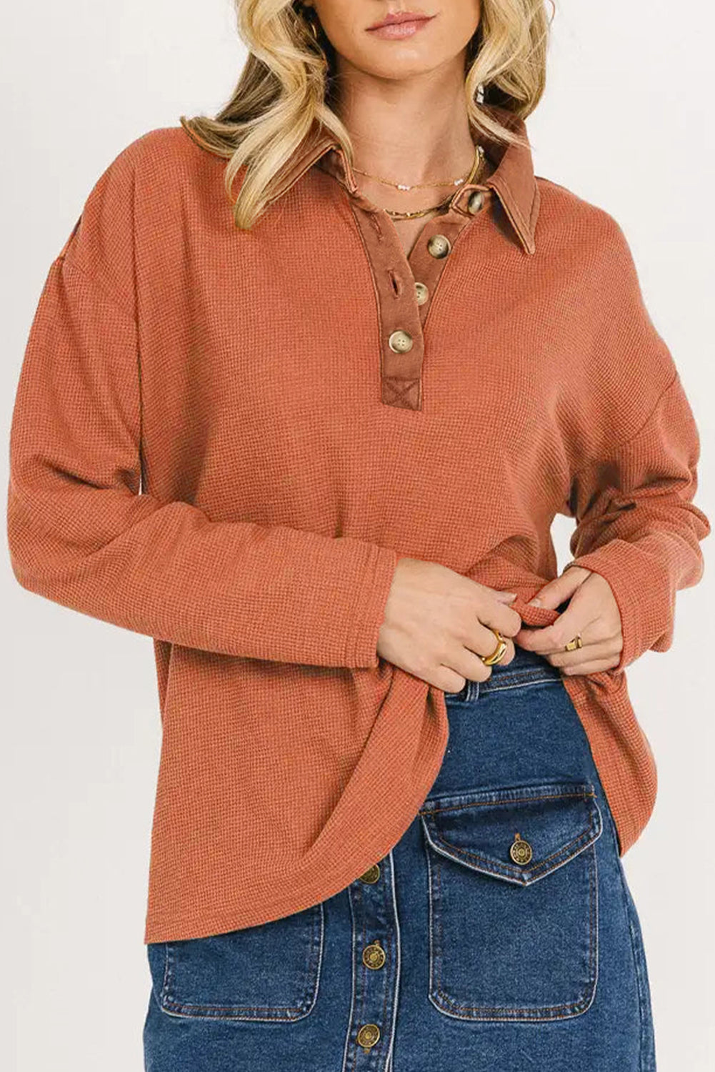 Red Dahlia Solid Color Long Sleeve Thermal Knit Polo Collar Patchwork Top-Tops/Long Sleeve Tops-[Adult]-[Female]-Gold Flame-S-2022 Online Blue Zone Planet