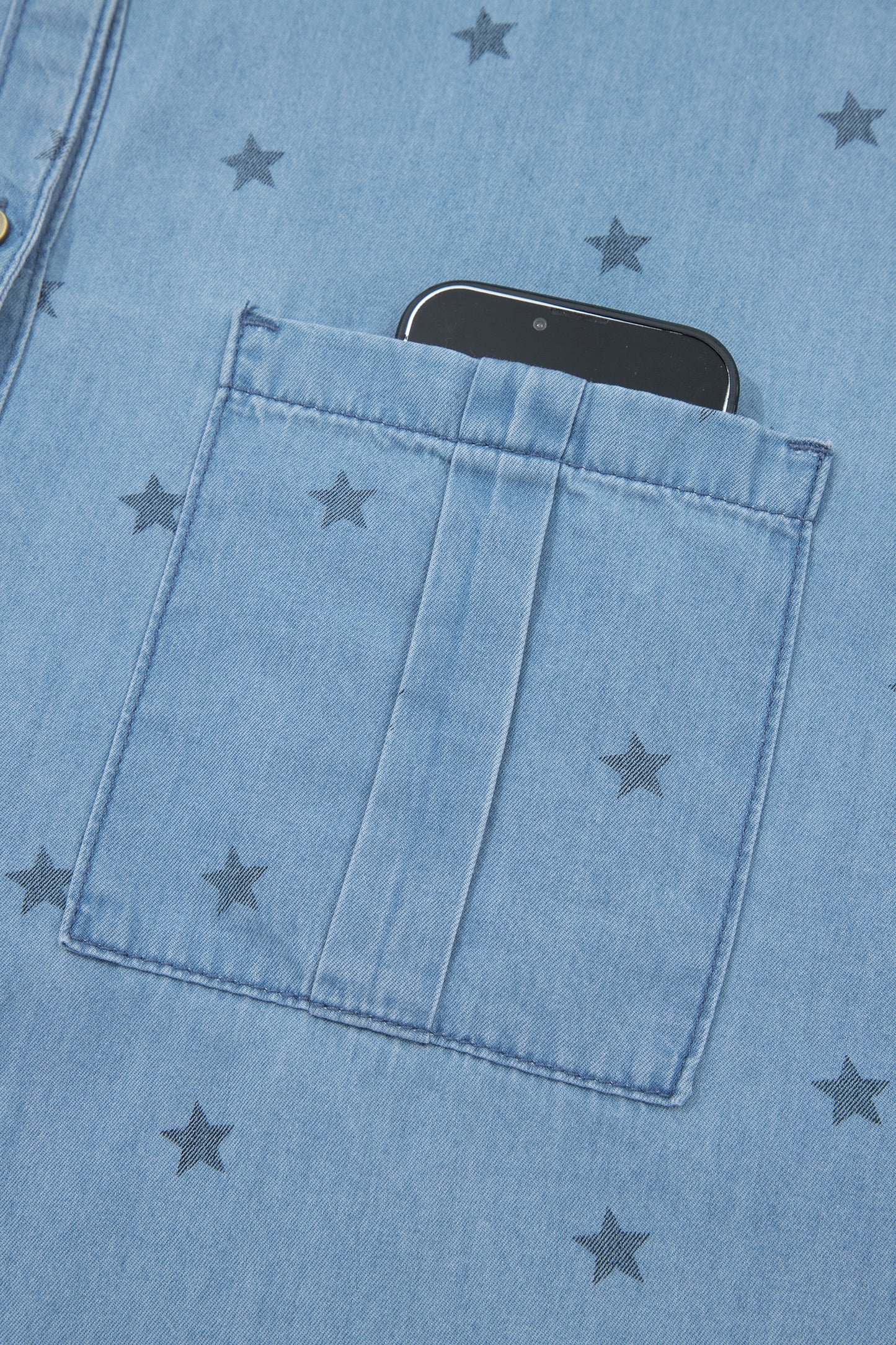 Beau Blue Star Allover Print Double Chest Pocket Short Sleeve Denim Shirt-Tops/Blouses & Shirts-[Adult]-[Female]-2022 Online Blue Zone Planet