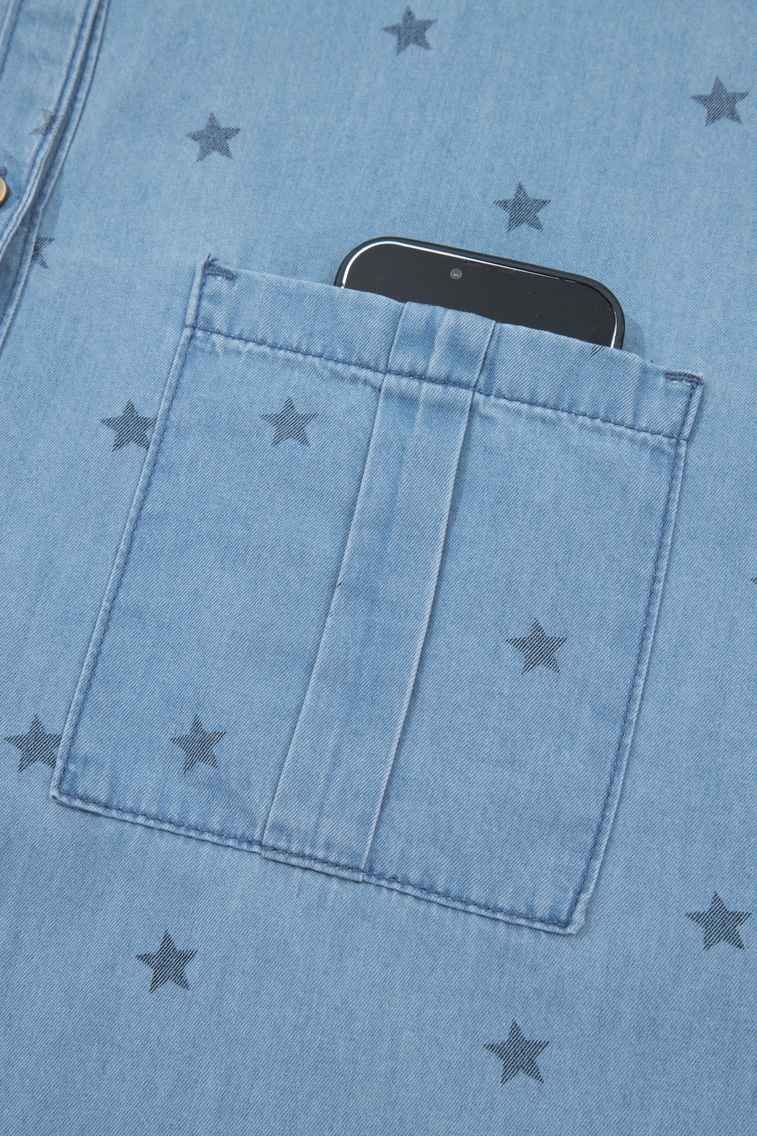 Beau Blue Star Allover Print Double Chest Pocket Short Sleeve Denim Shirt-Tops/Blouses & Shirts-[Adult]-[Female]-2022 Online Blue Zone Planet