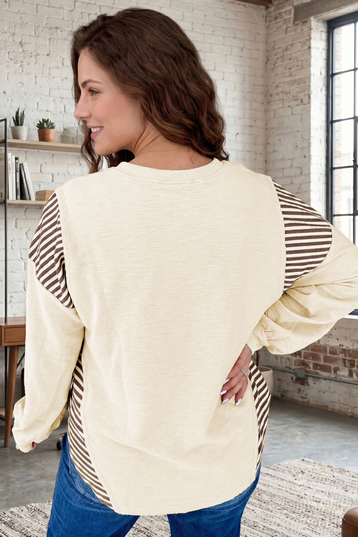 Jet Stream Western Print Striped Detail Long Sleeve Casual Top-Tops/Long Sleeve Tops-[Adult]-[Female]-2022 Online Blue Zone Planet