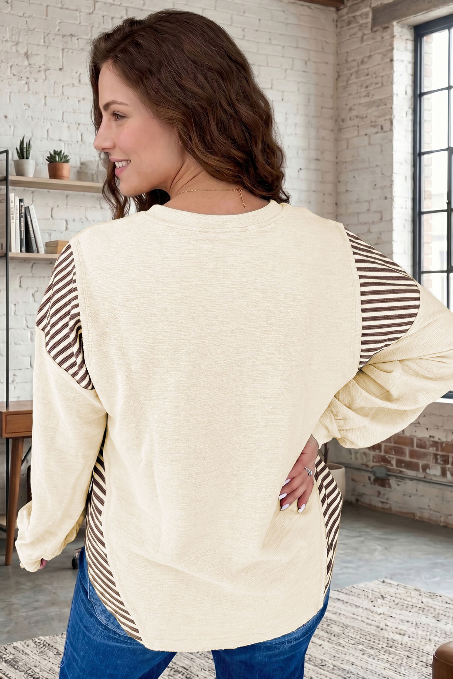 Jet Stream Western Print Striped Detail Long Sleeve Casual Top-Tops/Long Sleeve Tops-[Adult]-[Female]-2022 Online Blue Zone Planet