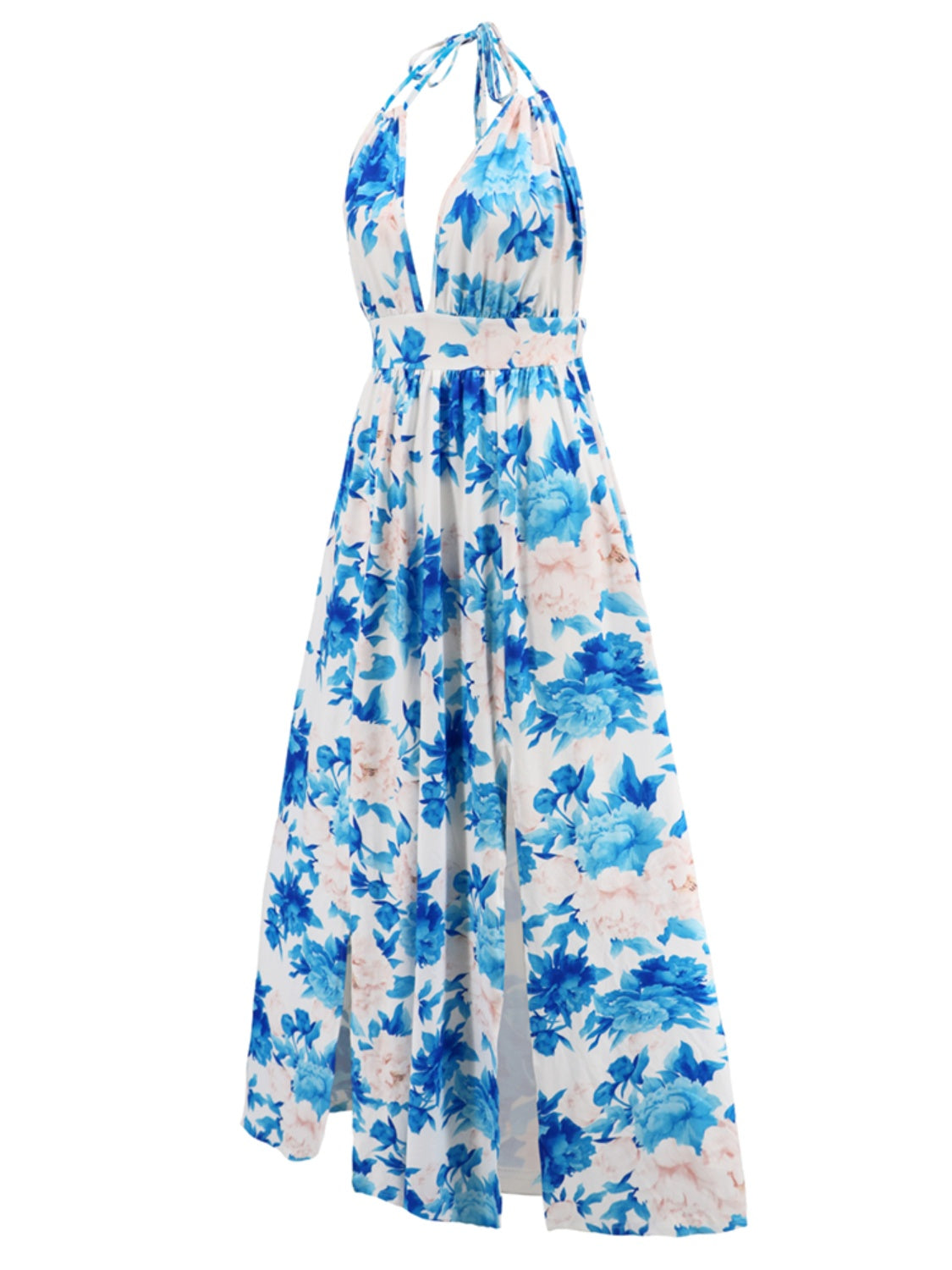 Slit Backless Printed Halter Neck Dress-TOPS / DRESSES-[Adult]-[Female]-2022 Online Blue Zone Planet