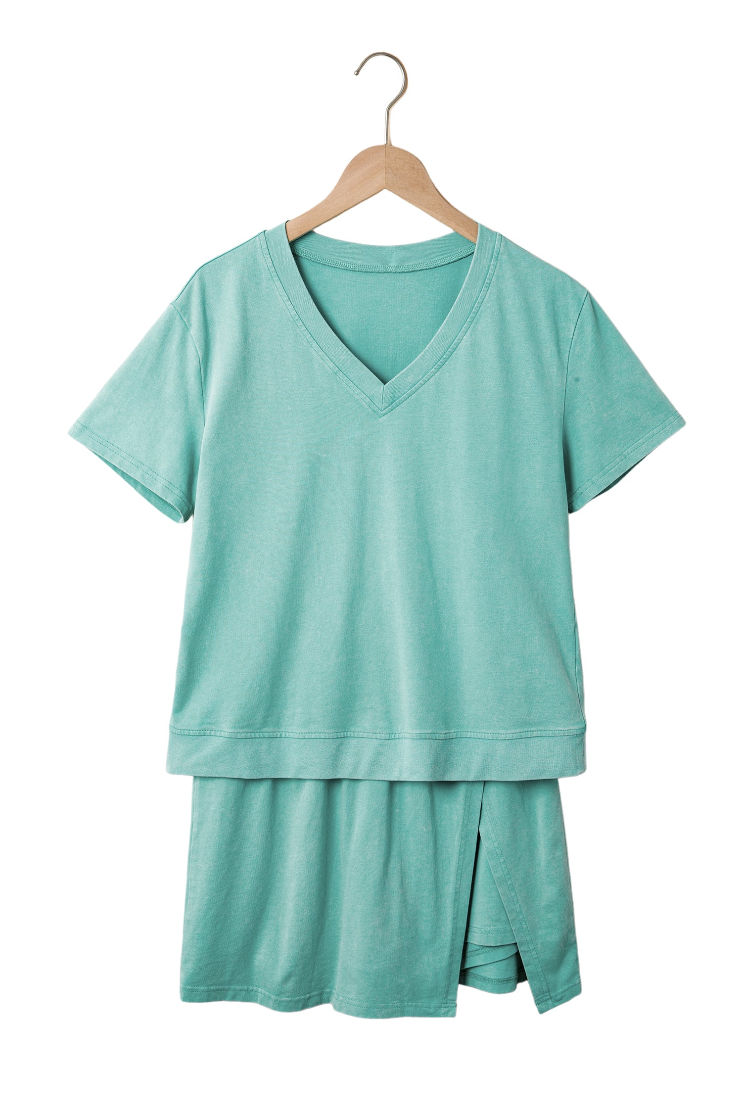 Light Pink Mineral Wash V Neck Tee Matching Skort Set-Two Piece Sets/Two Piece Dresses-[Adult]-[Female]-2022 Online Blue Zone Planet
