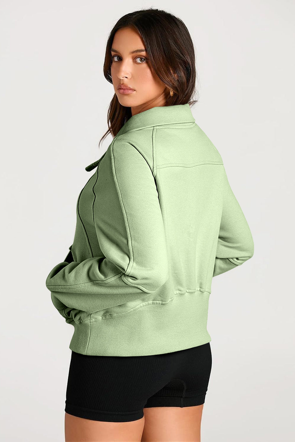 Smoke Green Quarter Zip Stand Neck Kangaroo Pocket Sweatshirt-Tops/Sweatshirts & Hoodies-[Adult]-[Female]-2022 Online Blue Zone Planet