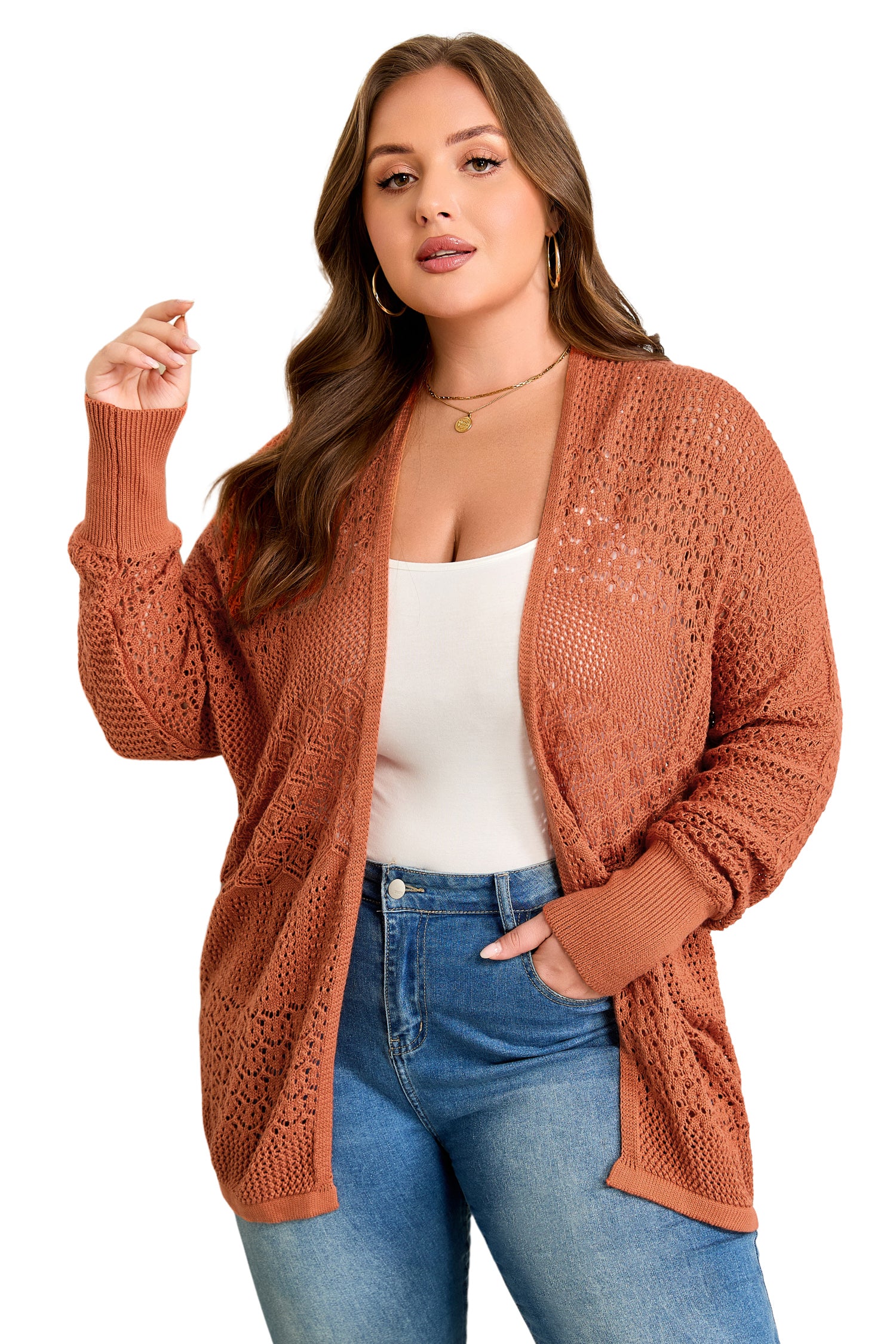 Redwood Burl Mixed Pattern Knitted Open Front Plus Cardigan-Plus Size/Plus Size Sweaters & Cardigans-[Adult]-[Female]-2022 Online Blue Zone Planet