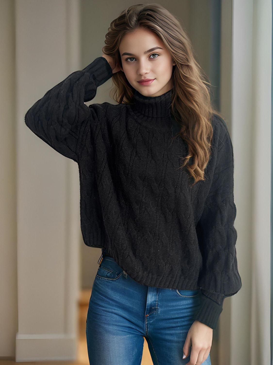 Cable-Knit Turtleneck Long Sleeve Sweater-TOPS / DRESSES-[Adult]-[Female]-Black-One Size-2022 Online Blue Zone Planet