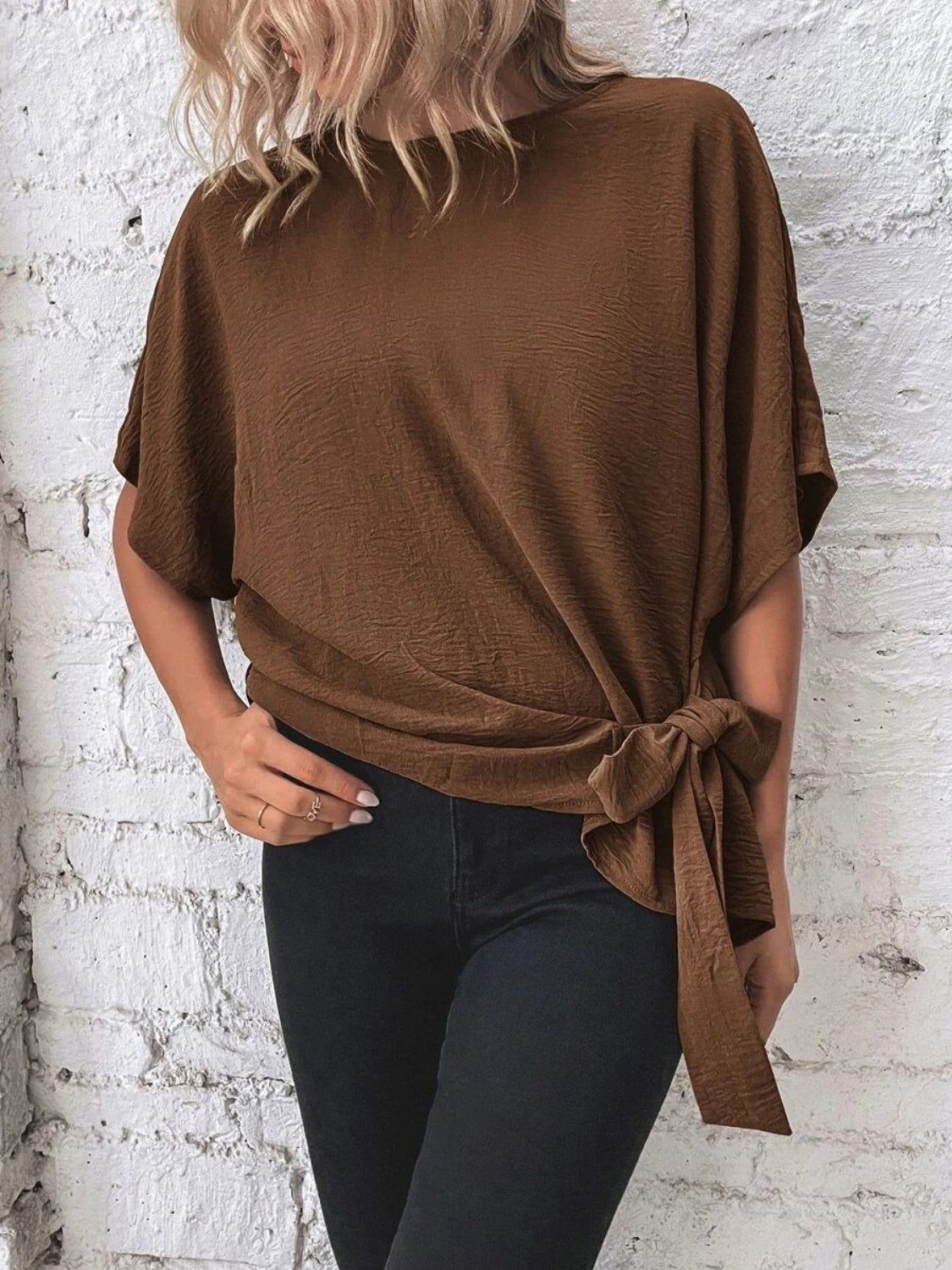 Knotted Round Neck Half Sleeve Blouse-TOPS / DRESSES-[Adult]-[Female]-Brown-S-2022 Online Blue Zone Planet