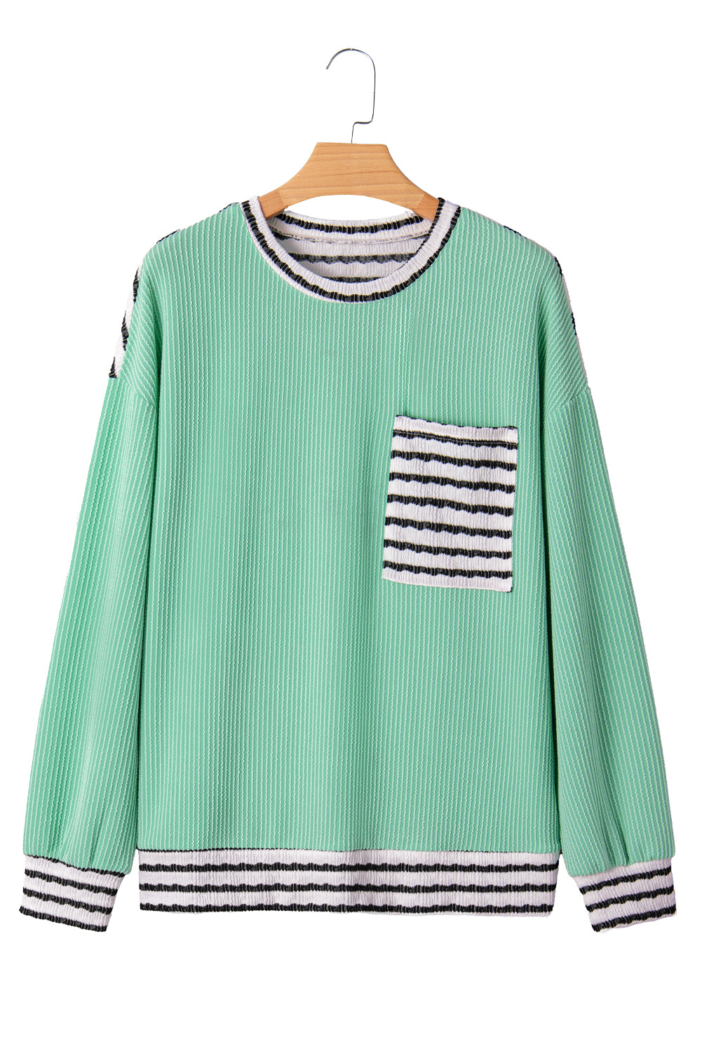 Sea Green Twisted Ribbed Contrast Round Neck Striped Patchwork Long Sleeve Top-Tops/Long Sleeve Tops-[Adult]-[Female]-2022 Online Blue Zone Planet