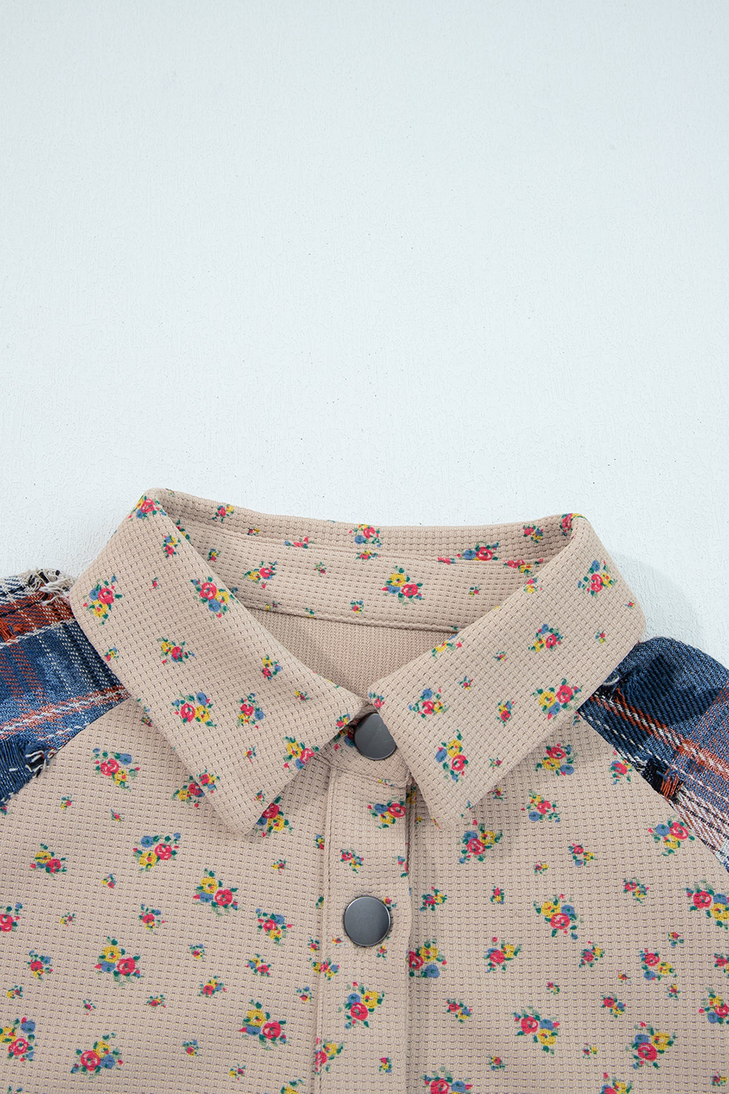 Ashleigh Blue Boho Floral Plaid Patchwork Distressed Detail Ruffled Sleeve Waffle Knit Shacket-Outerwear/Plaid Shackets-[Adult]-[Female]-2022 Online Blue Zone Planet