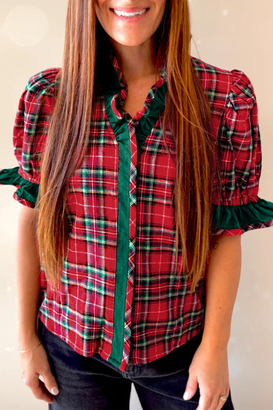Red Plaid V Neck Ruffle Color Block Trim Short Sleeve Shirt-Tops/Blouses & Shirts-[Adult]-[Female]-Red-S-2022 Online Blue Zone Planet