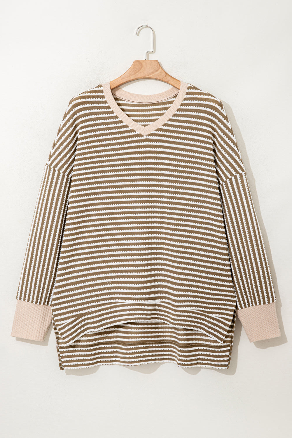 Khaki Stripe Textured Dolman Sleeve High Low Plus Size Top-Plus Size/Plus Size Tops/Plus Size Long Sleeve Tops-[Adult]-[Female]-2022 Online Blue Zone Planet