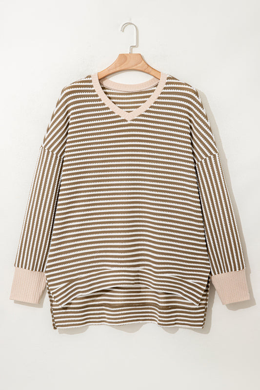 Khaki Stripe Textured Dolman Sleeve High Low Plus Size Top-Plus Size/Plus Size Tops/Plus Size Long Sleeve Tops-[Adult]-[Female]-2022 Online Blue Zone Planet