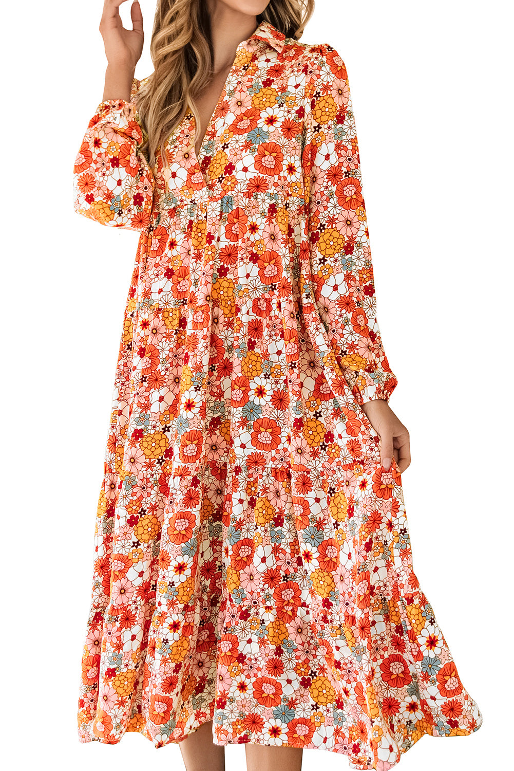 Blue Zone Planet | Multicolor Boho Floral Collared Long Sleeve Ruffled Dress-TOPS / DRESSES-[Adult]-[Female]-2022 Online Blue Zone Planet