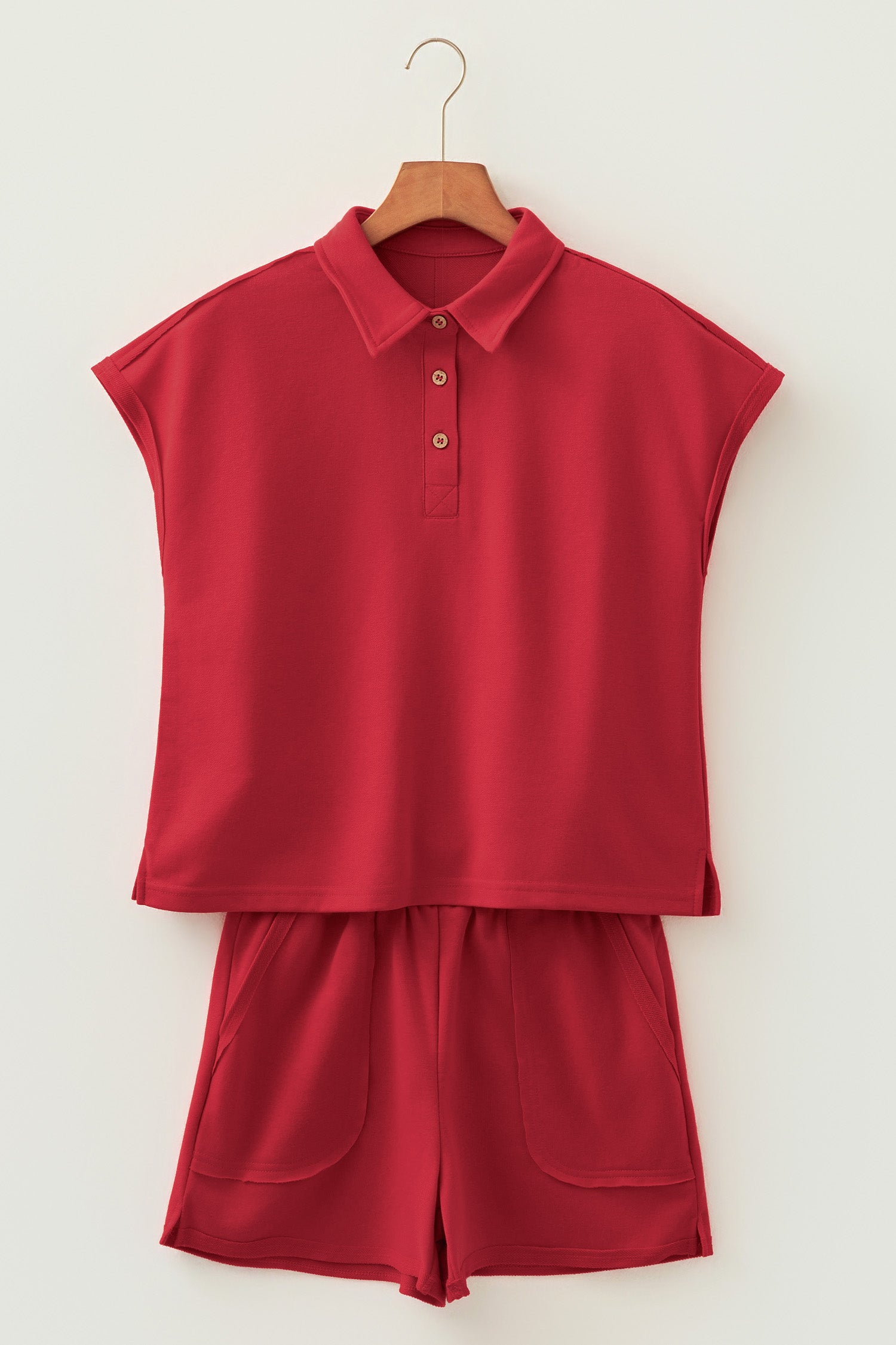 Racing Red Loose Polo Tee Elastic Waist 2pcs Short Set-Two Piece Sets/Short Sets-[Adult]-[Female]-2022 Online Blue Zone Planet