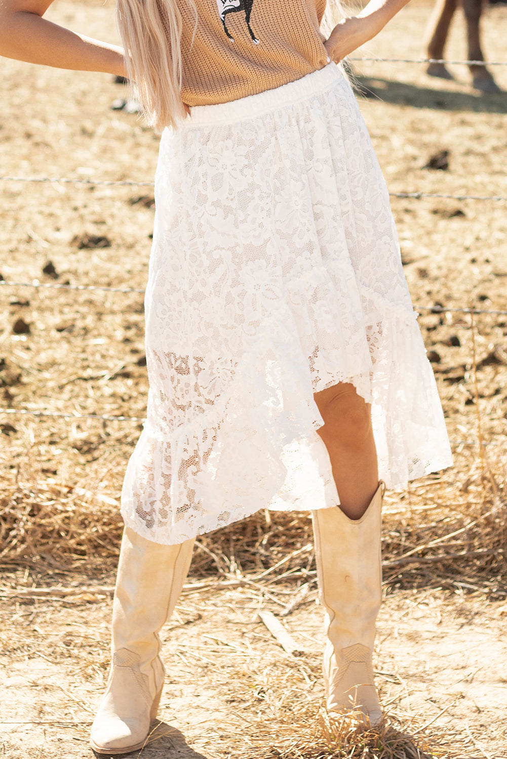 White Lace Ruffled High-low Hem Midi Skirt-Bottoms/Skirts & Petticoat-[Adult]-[Female]-2022 Online Blue Zone Planet