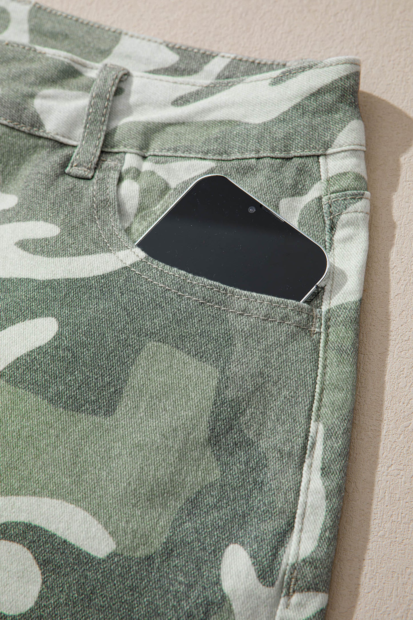Green Camo Print Button Fly Straight Leg Ankle Length Jeans-Bottoms/Jeans-[Adult]-[Female]-2022 Online Blue Zone Planet