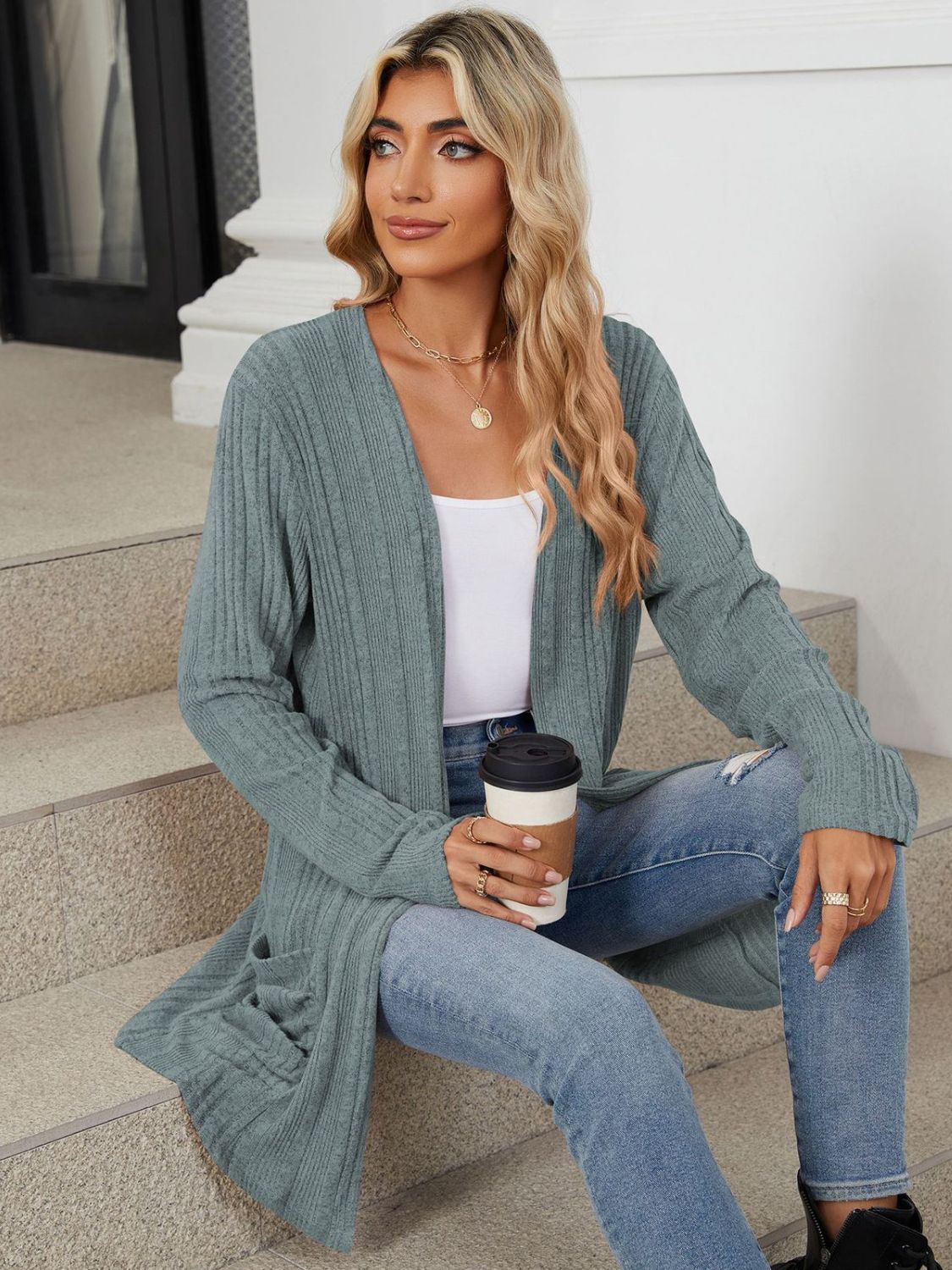 Blue Zone Planet | Pocketed Open Front Long Sleeve Cardigan-TOPS / DRESSES-[Adult]-[Female]-2022 Online Blue Zone Planet